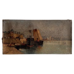 Oil on Canvas Depicting a Boat at the Quay, Late 19th Century, by H. Hapeyre