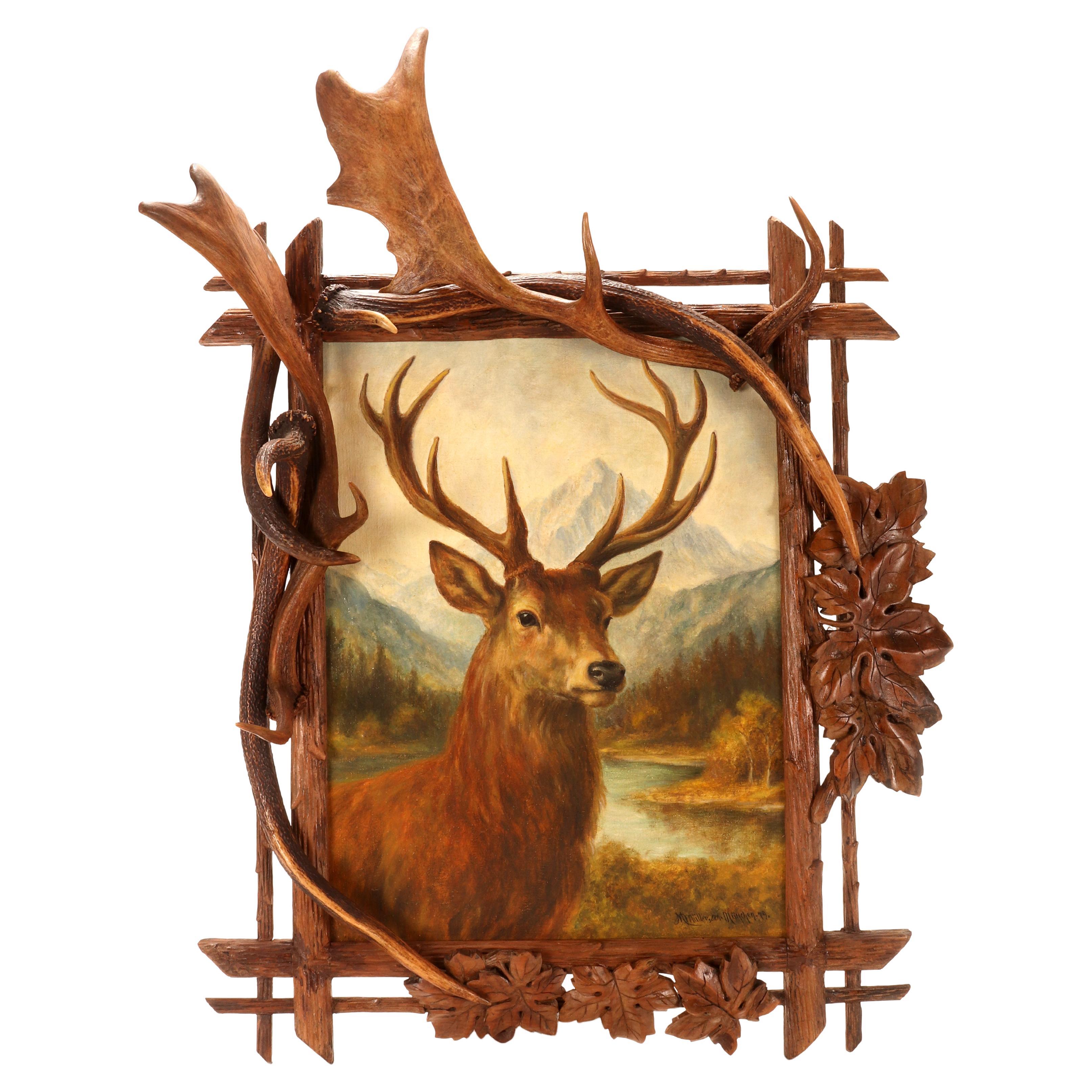 Oil on canvas depicting a deer. Moritz Müller sen, Munich, Germany, 1879. For Sale