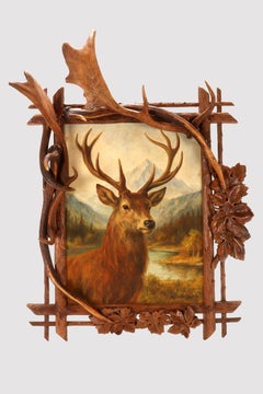 Huile sur toile représentant un cerf avec un bois de noisetier, Müller, Allemagne, 1879.