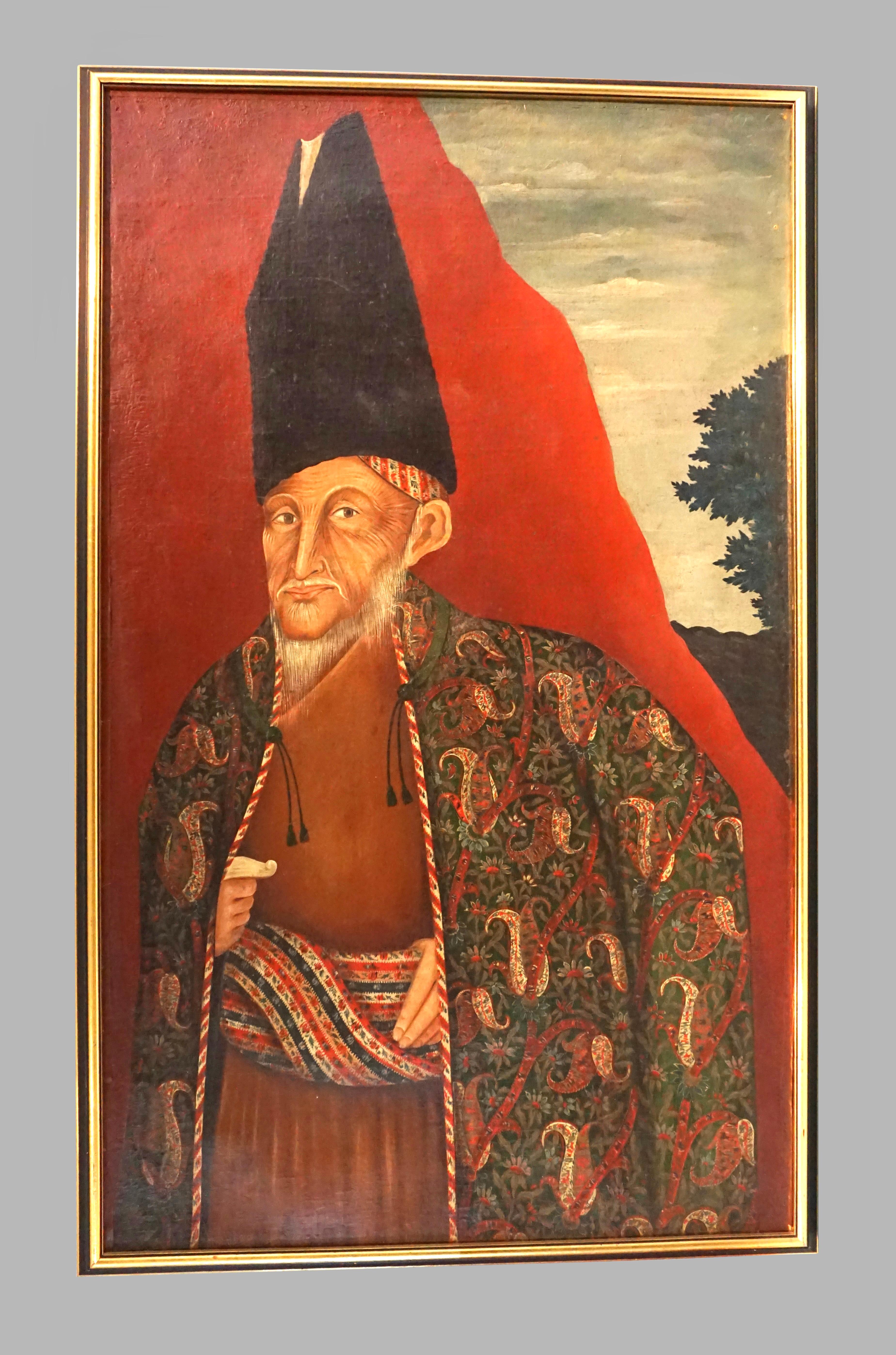 A large scale highly decorative and dramatic portrait depicting an historic Persian foreign and ultimately prime minister, Mirza Aghassi also known as Haji Mirza Abbas Iravani born in 1783. The sitter is dressed in a magnificent and colorful coat