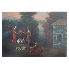 Oil on Canvas Depicting a Porcelain Sales Woman, Chinese School, 18th Century