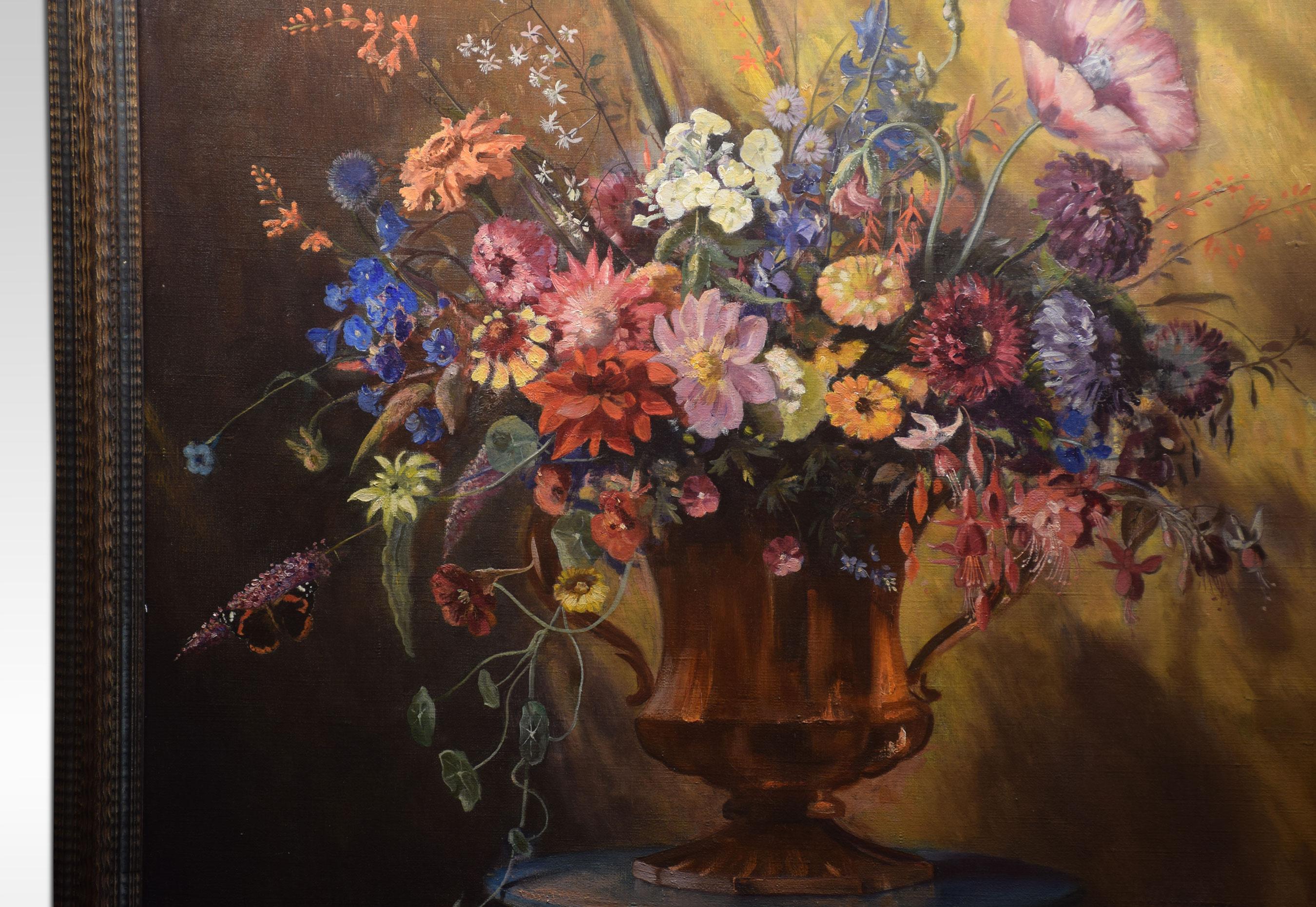 Oil on canvas depicting a still life of flowers in an urn signed Charles Percival Small.
Dimensions:
Height 38 inches
Width 39 inches
Depth 2.5 inches.