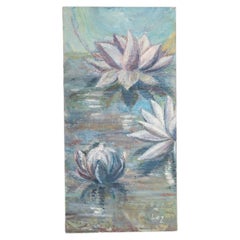 Oil on Canvas Depicting Water Lilies by Evelyne Luez, 20th Century.