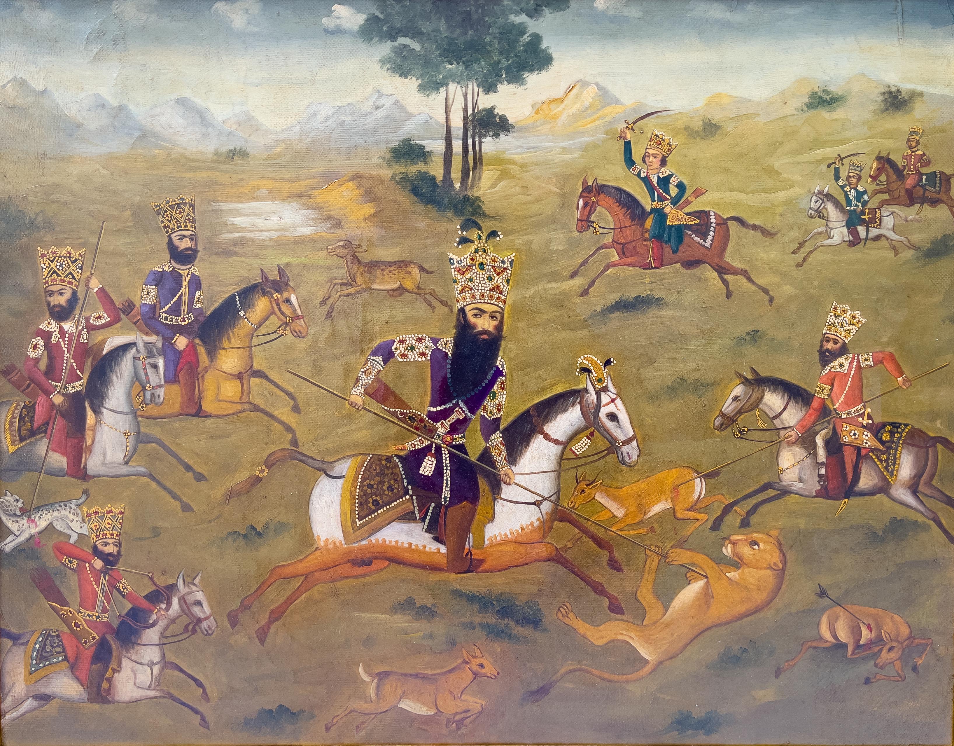 Oil on canvas painting depicts the Qajar ruler Fath 'Ali Shah (r.1797-1834) on horseback hunting lions with Qajar princes, Qajar dynasty, Late 19th century - Early 20th century. 

Condition: Very Good 

Dimensions: H: 80.5cm, W: 95.5cm, D: