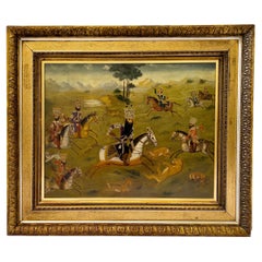 Antique Oil on Canvas Depicts Hunting Scene of Qajar Ruler Fath 'Ali Shah, Qajar Dynasty