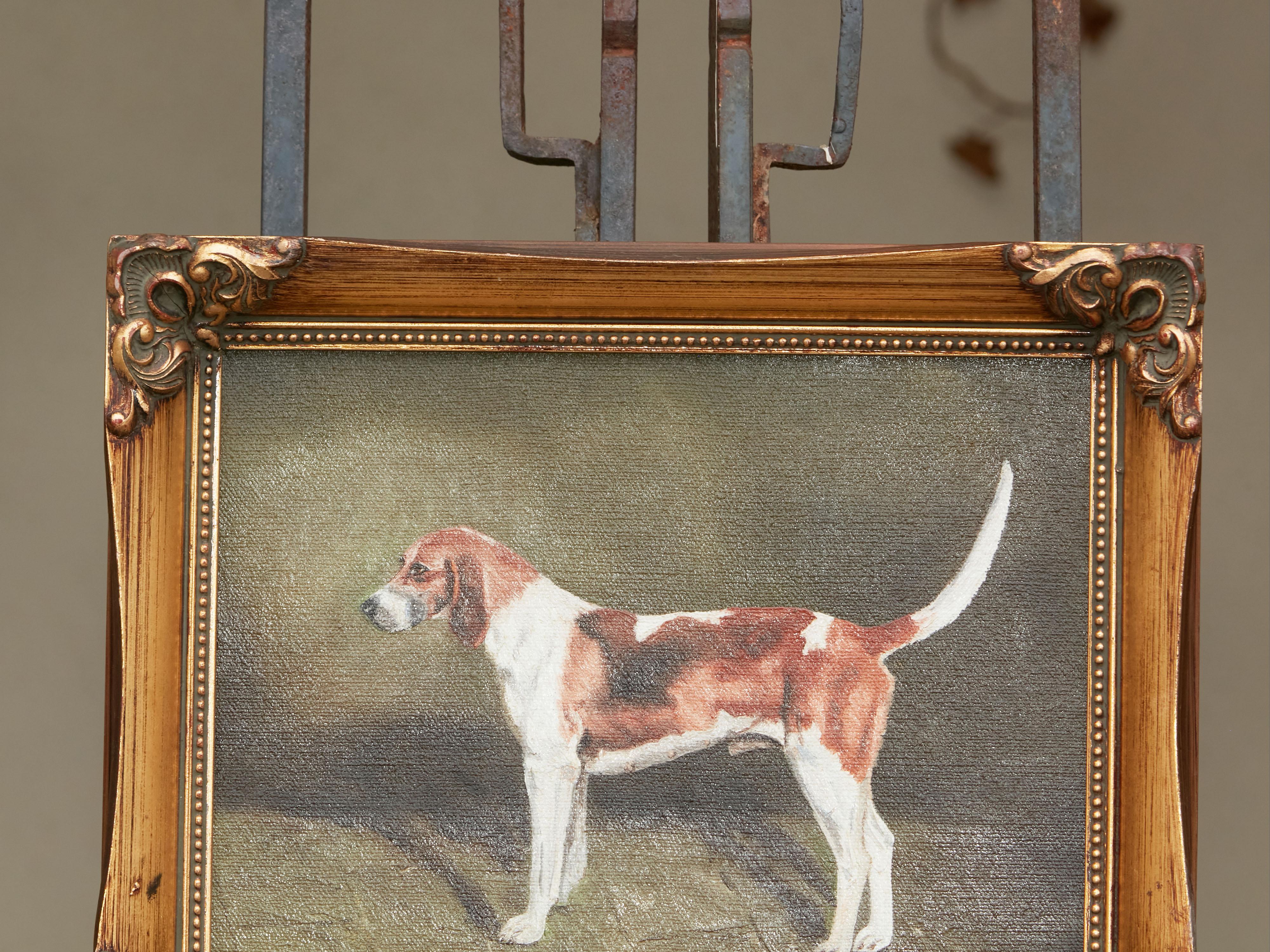 Carved Oil on Canvas Dog Painting Depicting a Belvoir Hound, Signed Jacqueline Decker