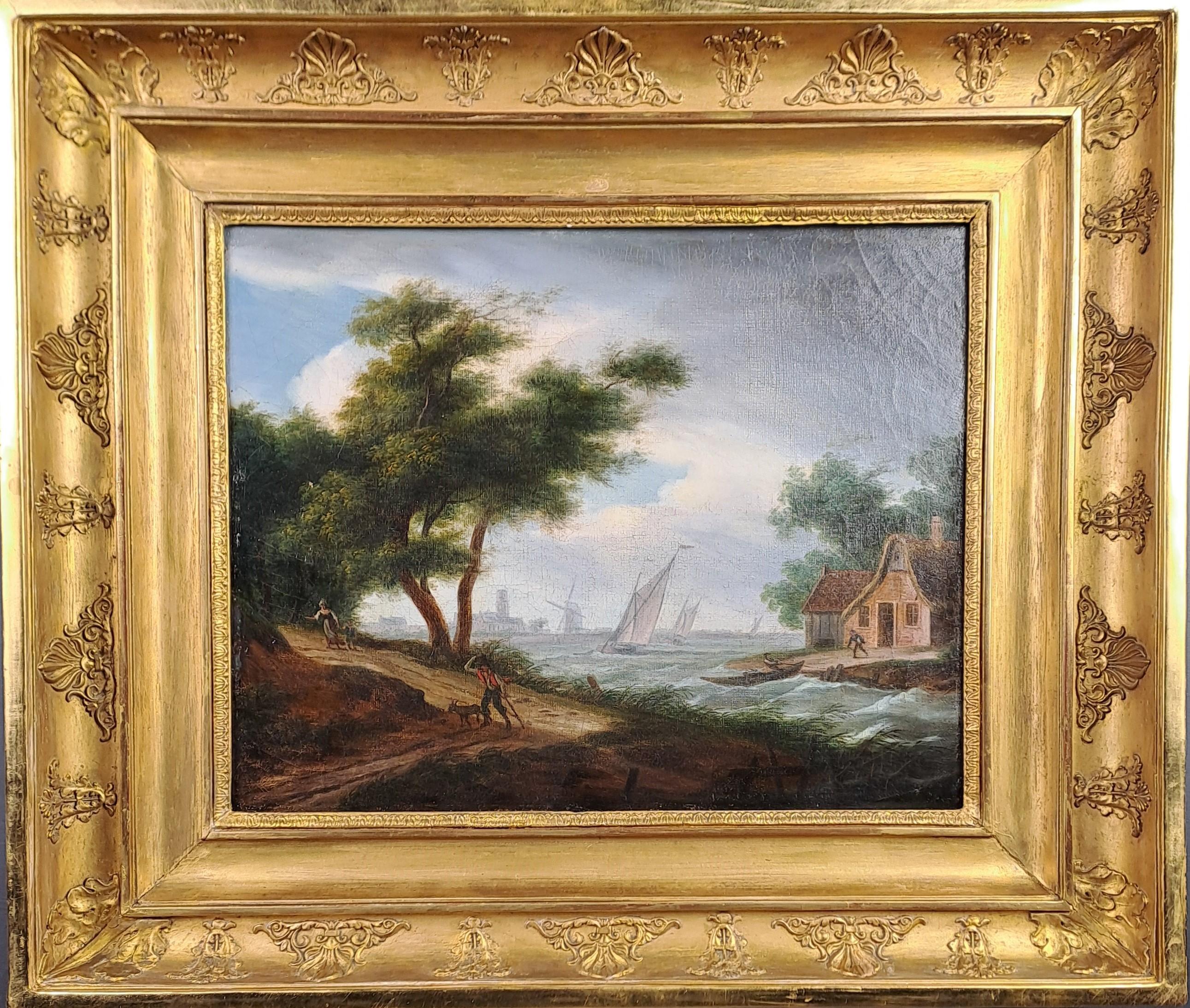 Oil on canvas Dutch school of the 18th century

Animated scene - scene of life as a storm approaches on a bay probably in the North Sea in Holland, a fisherman moors his boat, a peasant shelters his goat and a mother returns home with her child, in