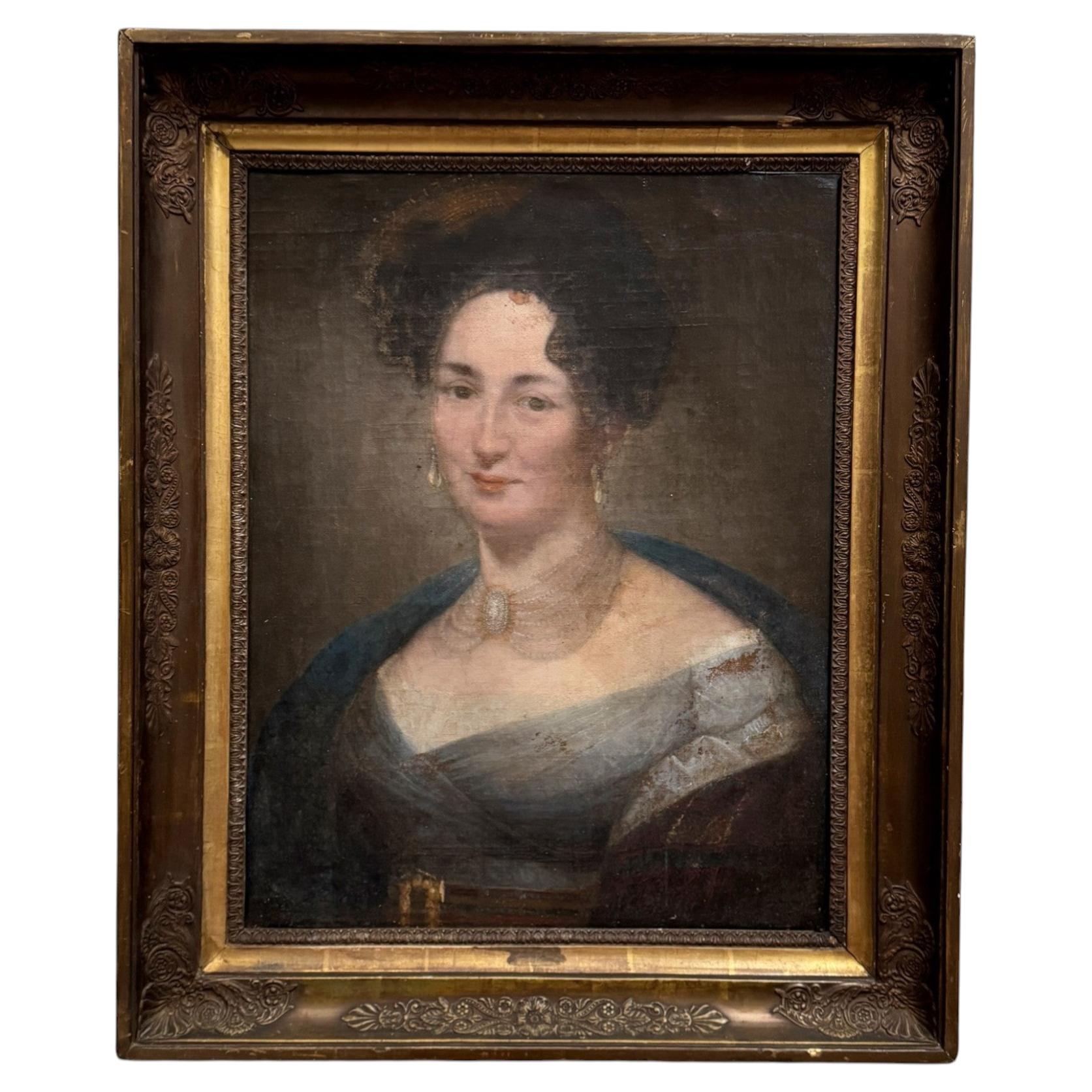 Oil on Canvas, Empire Portrait of a Woman, Early 19th Century, Palmette Frame