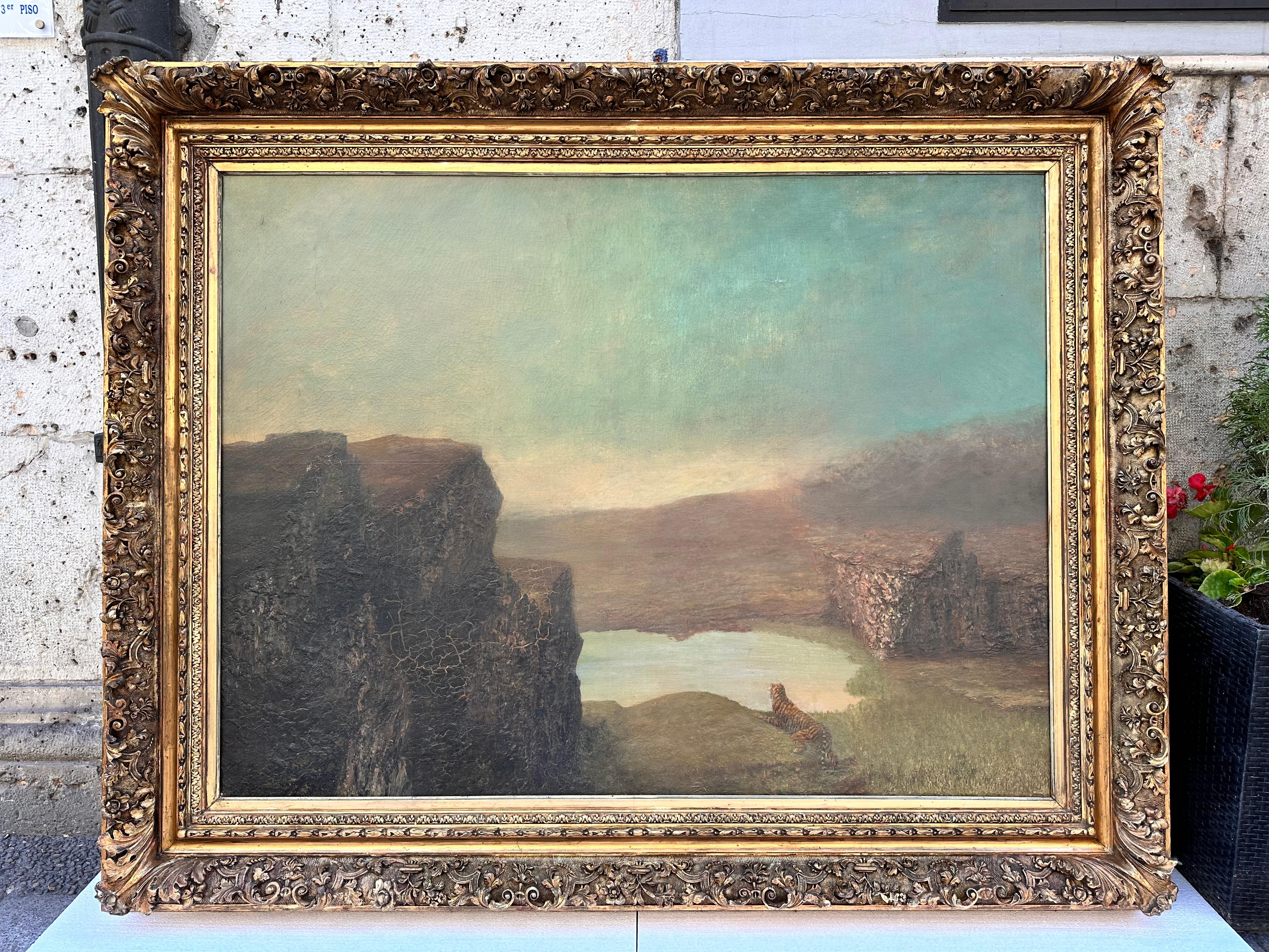 Oil on canvas English Romanticism Landscape with Tiger im Angebot 5