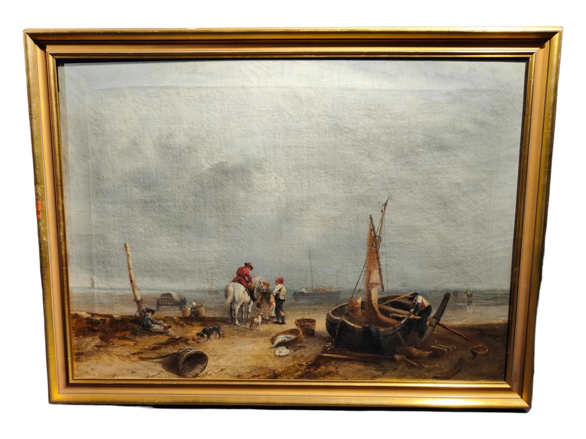 Oil on canvas English school marine scene eighteenth century
On the back part it has a label with a note in ink: coast of Scarborough-England
Elegant marine scene with fishermen and buyers. The characters are dressed in clothing of the time.