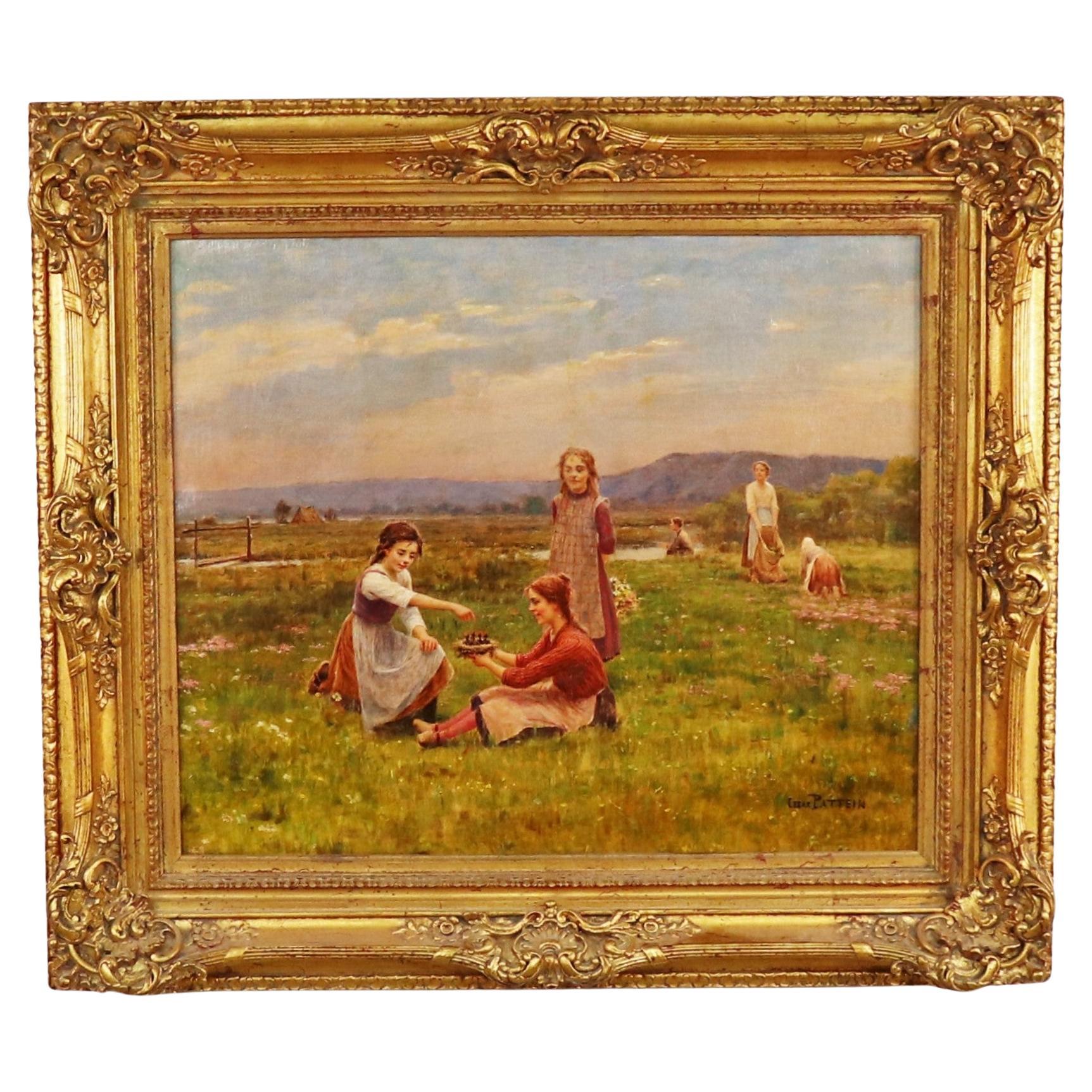 Oil on Canvas "Feeding the Birds" by  César Pattein ( French 1850 - 1931) For Sale