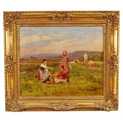 Huile sur toile "Nourrir les oiseaux" par  César Pattein ( français 1850 - 1931)
