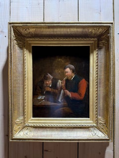 Oil on canvas – Flemish genre scene – Smokers in tavern – Gilded wood frame