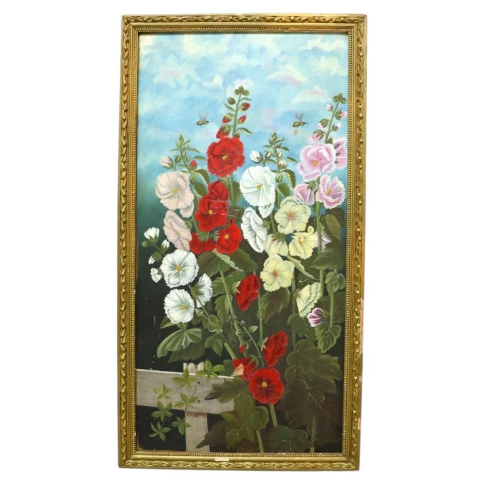 Oil On Canvas Floral Painting Of Garden Hollyhocks With Bees C1900