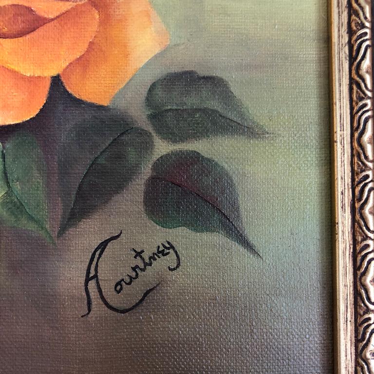 Classique américain Huile sur toile - Peinture de roses florales à fond vert - Roses orange - Cadre en bois doré en vente