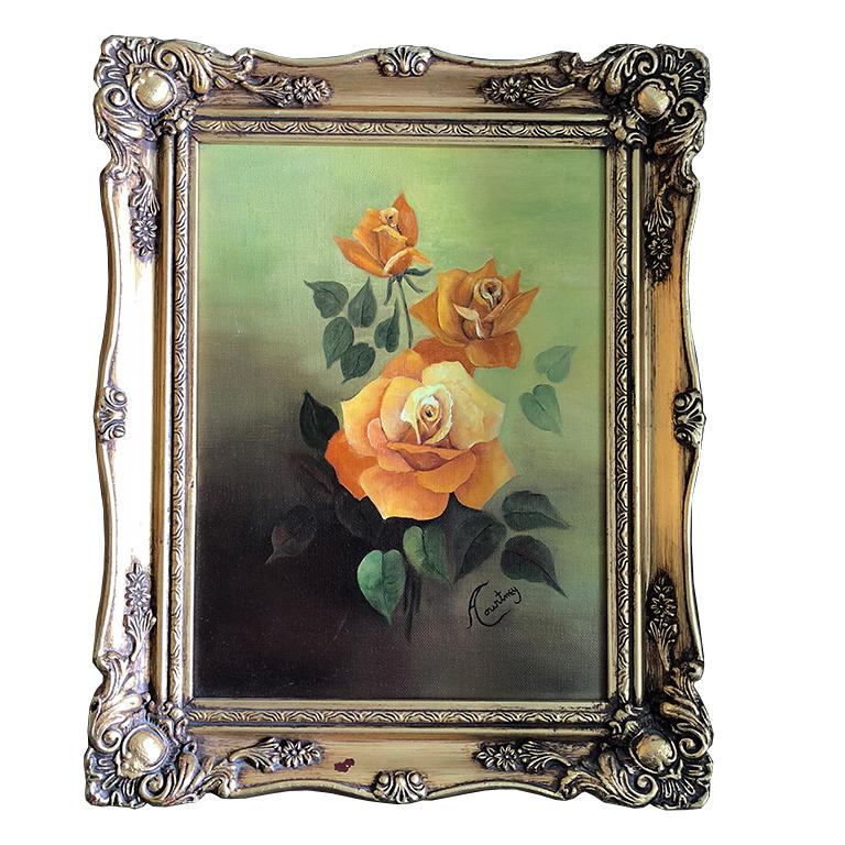 Oil on Canvas Floral Rose Painting Green Background Orange Roses Giltwood Frame
