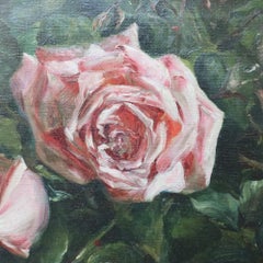 Oil On Canvas Floral Still Life Painting Of Roses In Original Gilt Frame c1890