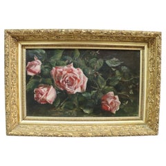 Oil On Canvas Floral Still Life Painting Of Roses In Original Gilt Frame c1890