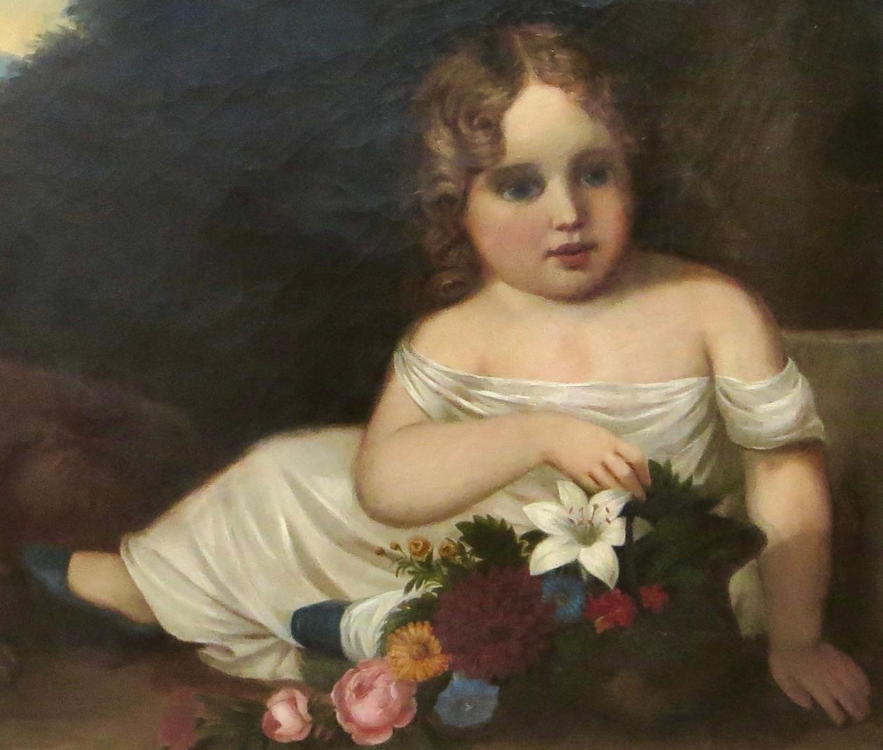 Incantevole e precoce (circa 1830)  Questo olio su tela raffigura una giovane e graziosa ragazza seduta, che indossa un vestito elegante, con il suo amato cane che la guarda alla sua destra e con una pletora di fiori freschi, luminosi e deliziosi