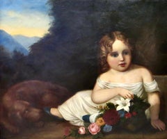 Peinture d'art populaire d'une jeune fille avec son chien et ses fleurs, ca 1835