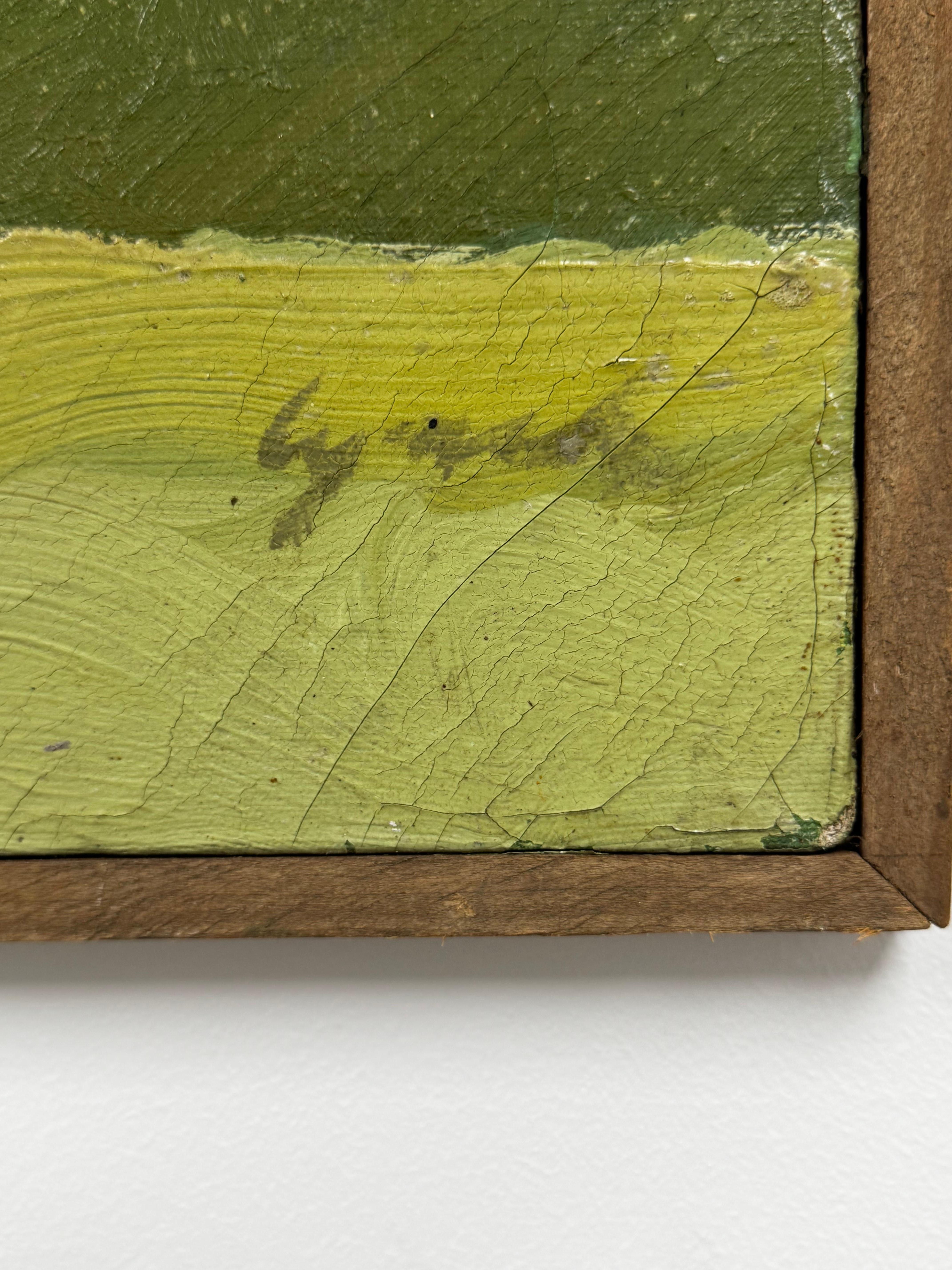 This abstract oil-on-canvas painting from the 1940s–1950s captivates with its subtle interplay of muted colors and dynamic composition. The surface, though appearing shiny, has a matte finish that enhances the depth and layering of the work. The