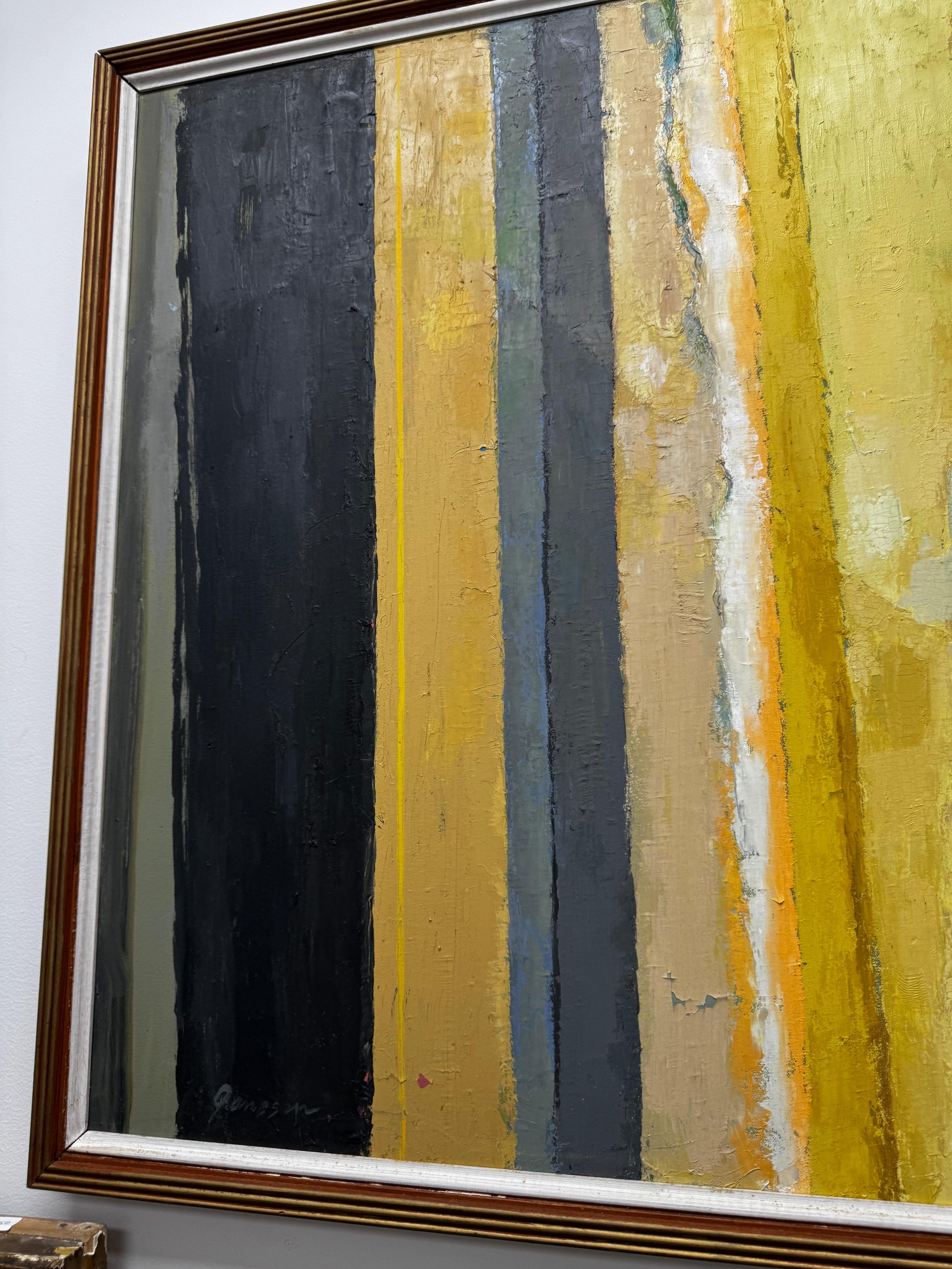 Dieses Ölgemälde aus den 1960er Jahren strahlt trotz seines geheimnisvollen Künstlers eine fesselnde Tiefe und Komplexität aus. Die Komposition ist ein meisterhaftes Zusammenspiel von Grau-, Schwarz- und Senftönen, überlagert von einer exquisiten