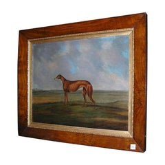Antique English Oil on Canvas Whippet Painting in Original Burl Walnut Gilt Frame C 1820