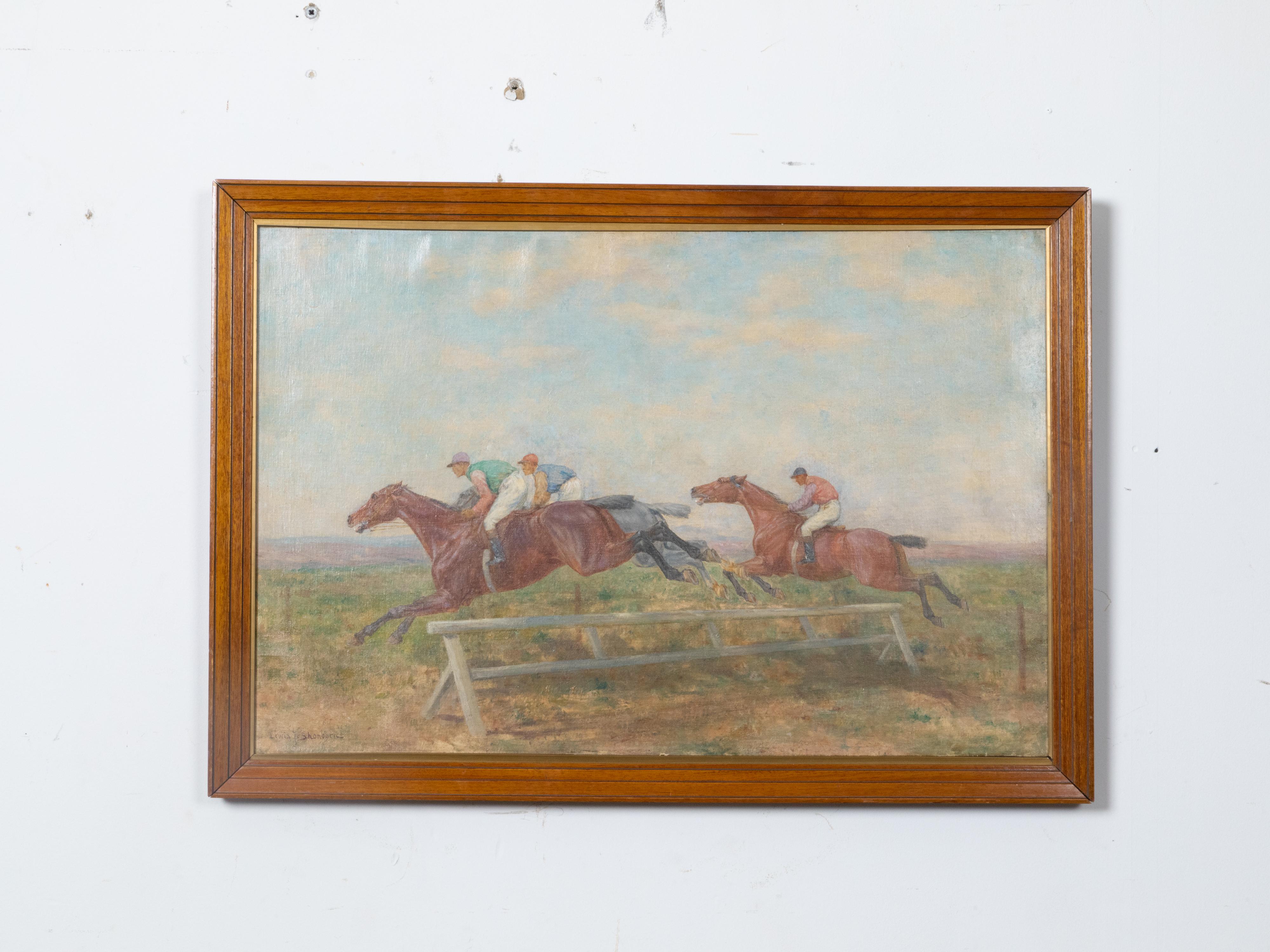 Oil on canvas horizontal painting by painter Lewis John Shonborn (1852-1931) depicting horses clearing the hurdle. This captivating horizontal oil painting on canvas, created by artist Lewis John Shonborn (1852-1931), showcases his signature
