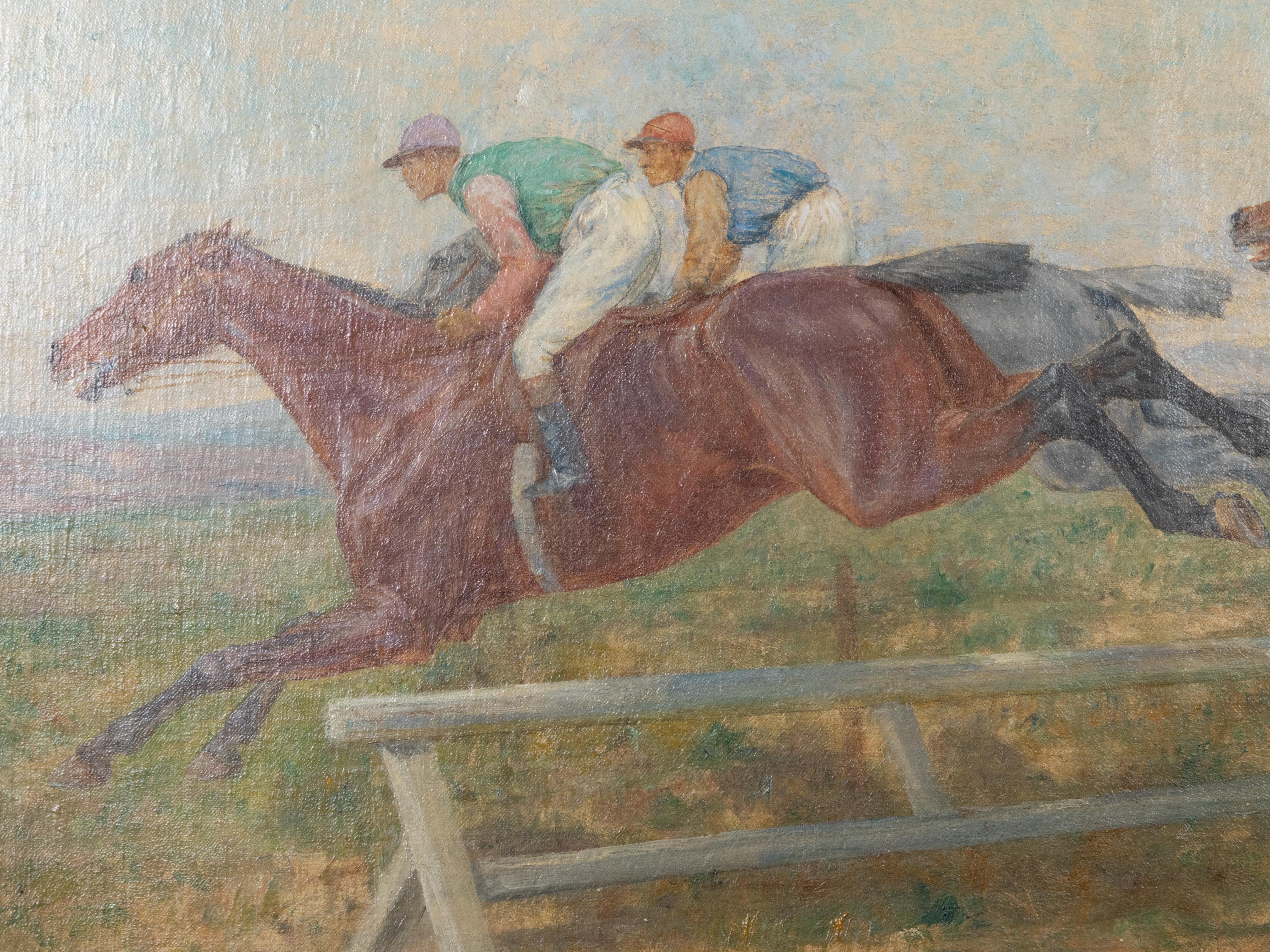 American Oil on Canvas Framed Painting Depicting a Horse Race by Lewis John Shonborn For Sale