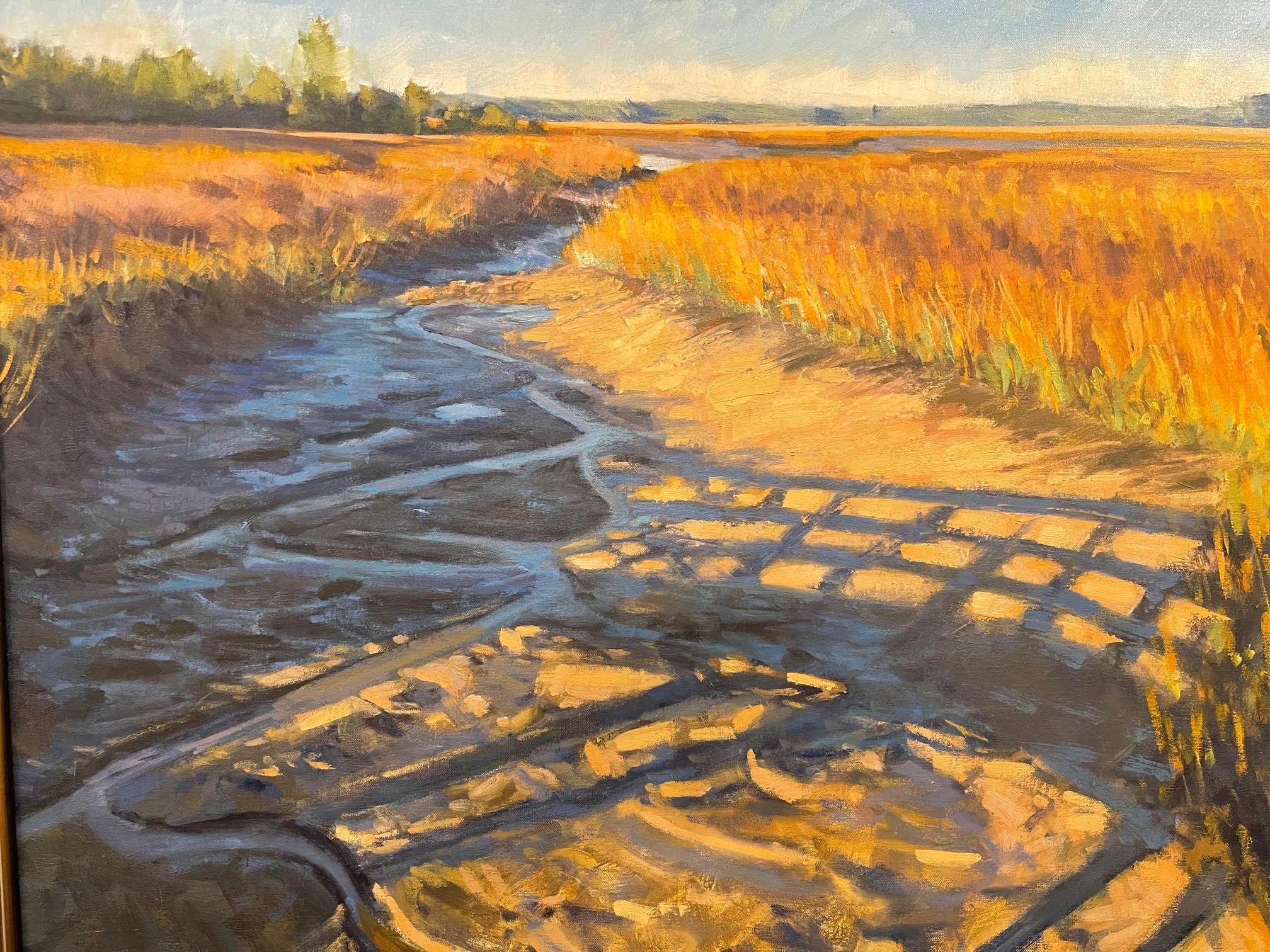 Öl auf Leinwand Gerahmtes Gemälde „Distant Island Marsh Shadows“ von Michael Reibel, Öl (21. Jahrhundert und zeitgenössisch) im Angebot