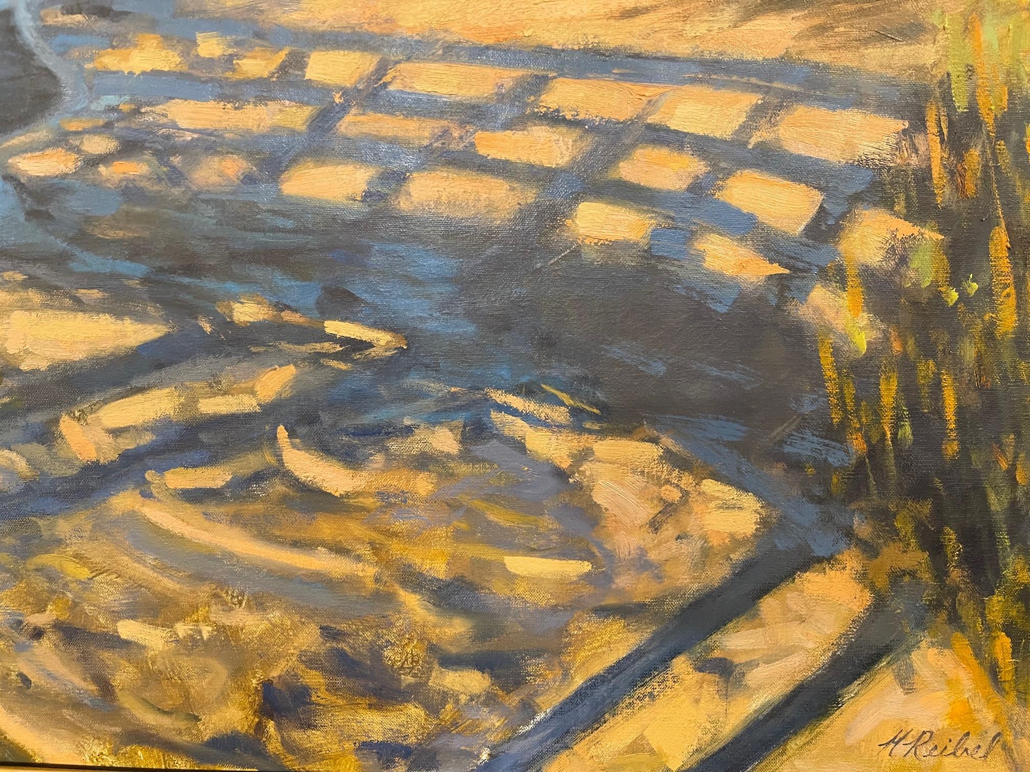 Öl auf Leinwand Gerahmtes Gemälde „Distant Island Marsh Shadows“ von Michael Reibel, Öl im Angebot 2