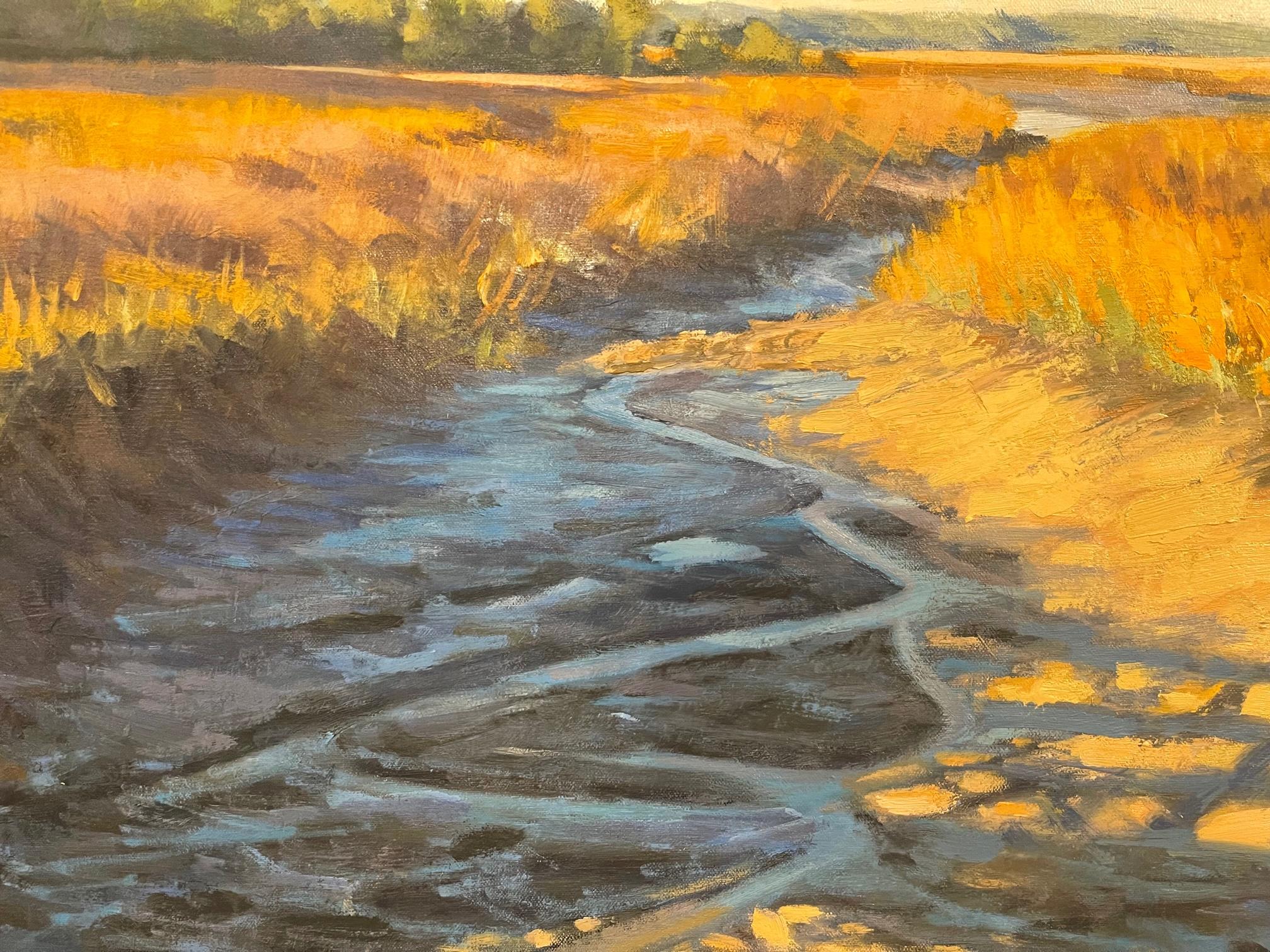 Öl auf Leinwand Gerahmtes Gemälde „Distant Island Marsh Shadows“ von Michael Reibel, Öl im Angebot 4