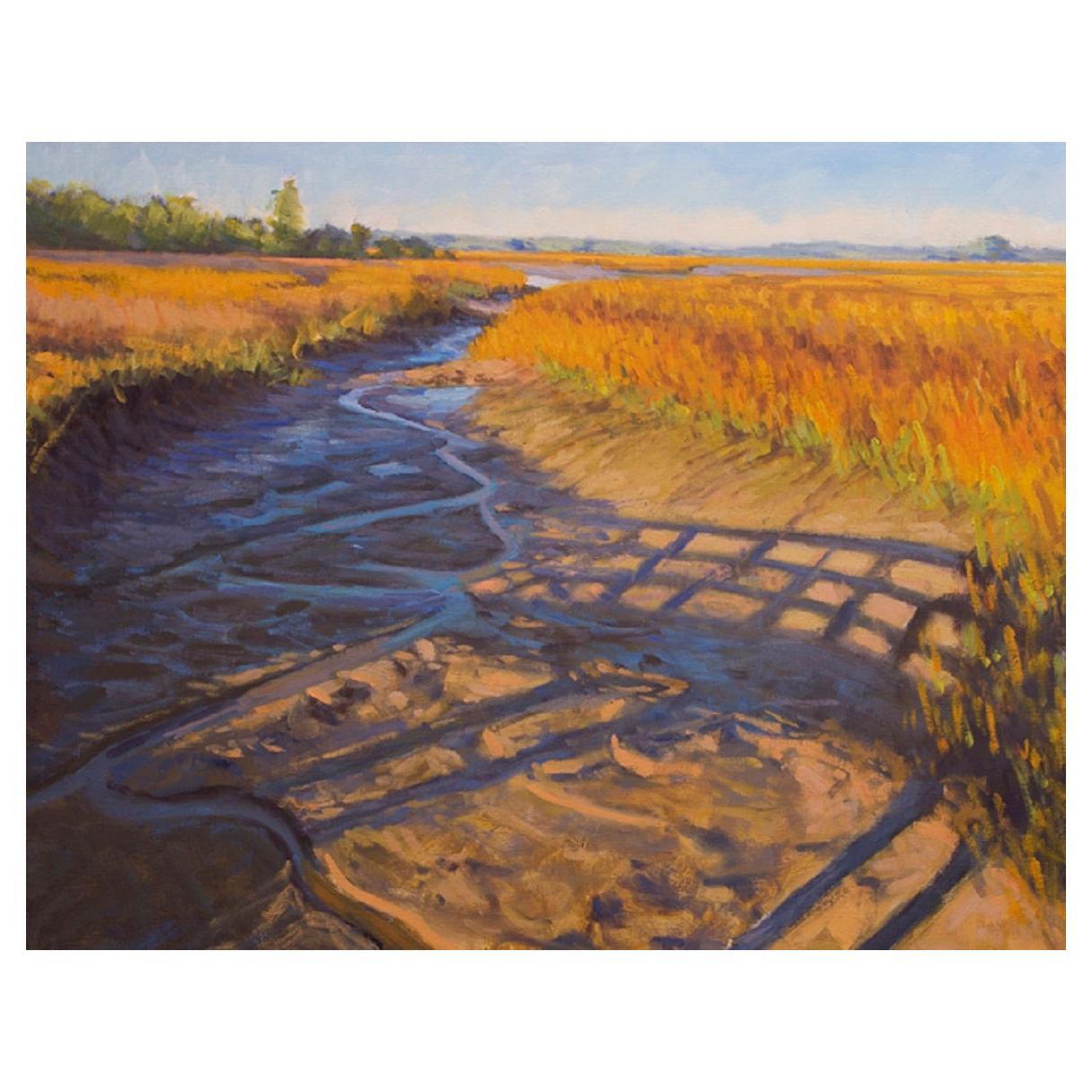 Öl auf Leinwand Gerahmtes Gemälde „Distant Island Marsh Shadows“ von Michael Reibel, Öl im Angebot