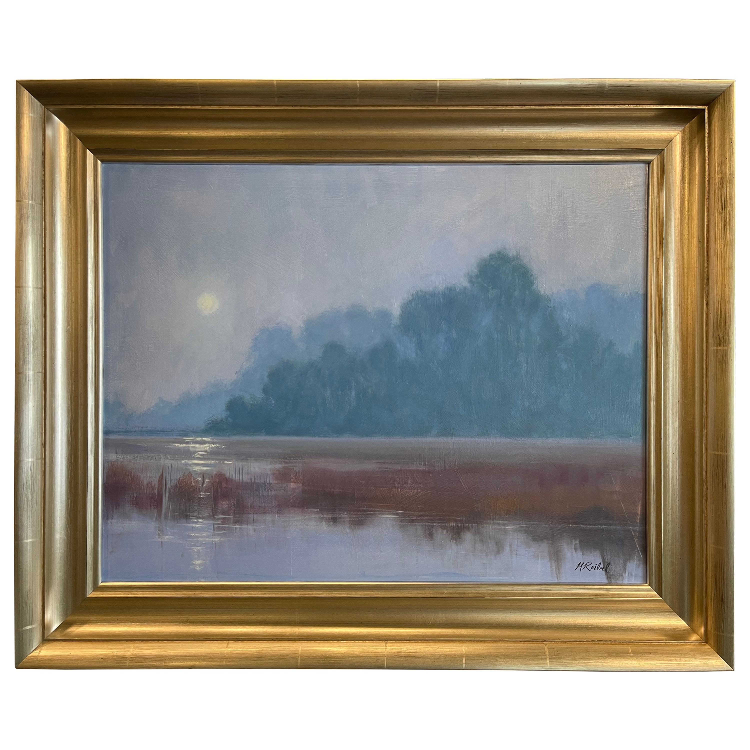Oil on Canvas Framed Painting "Fog Blankets the Marsh", Michael Reibel
