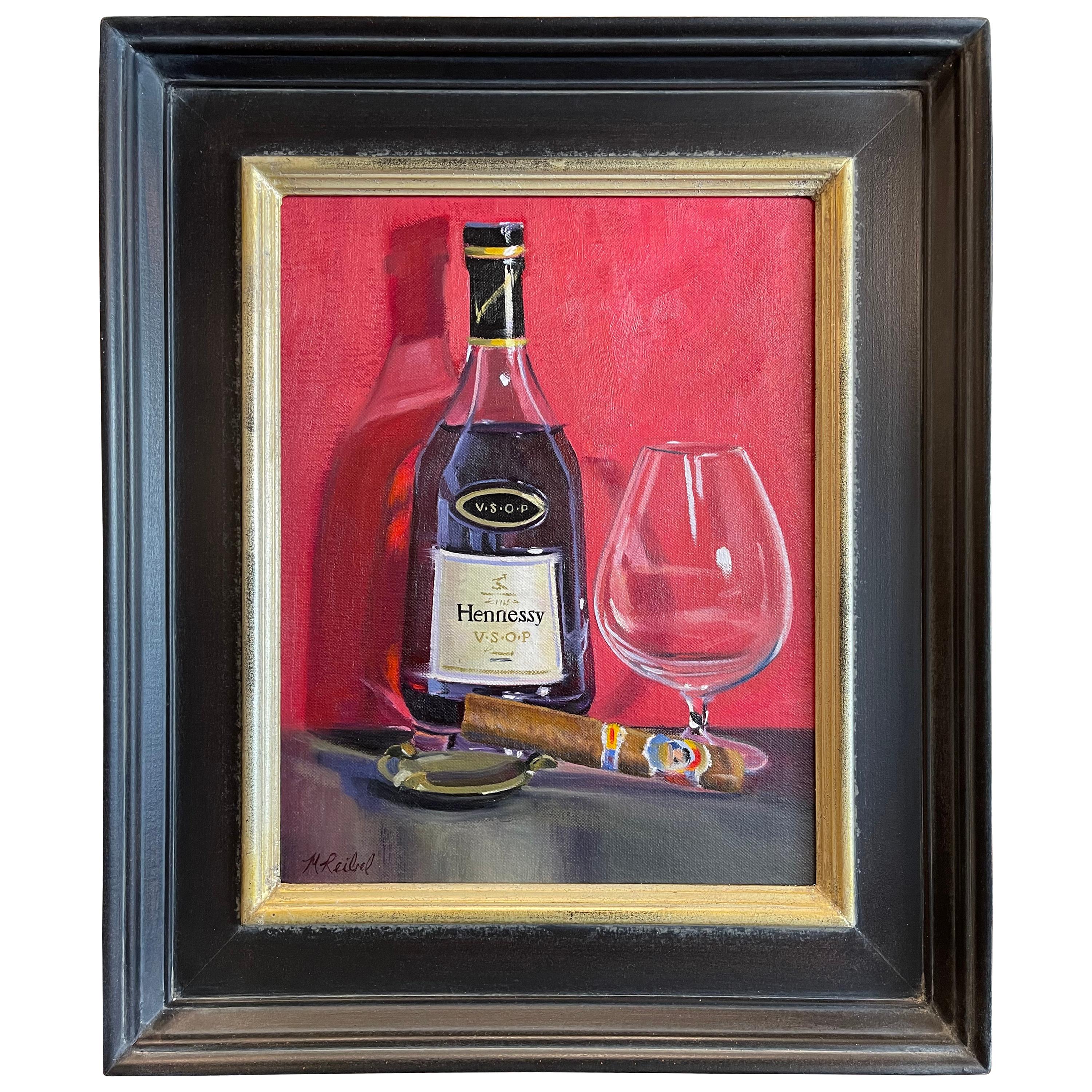 Oil on Canvas Framed Painting "Hennessy and La Aroma de Cuba", Michael Reibel