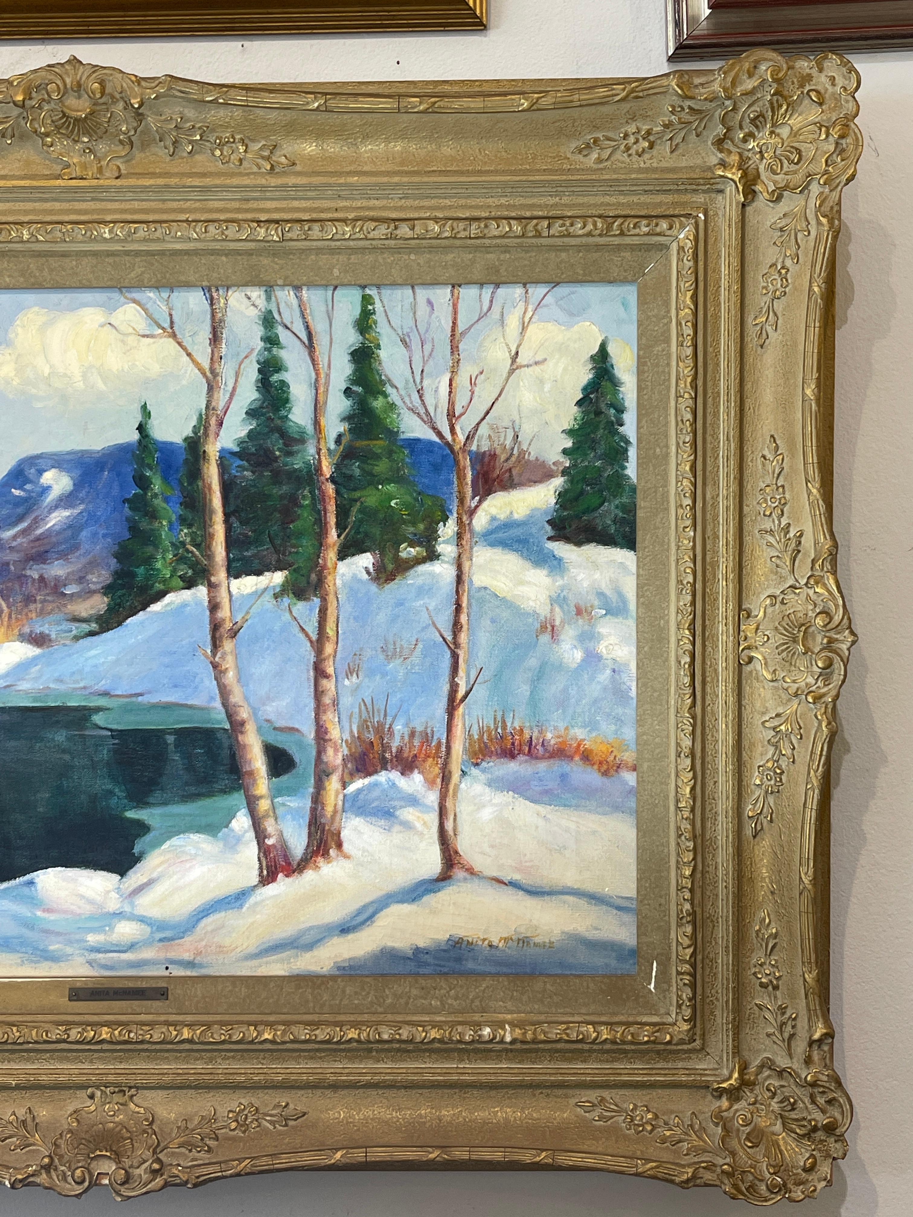 Huile sur toile encadrée  Paysage de neige d'hiver, signé par Anita McNamee en vente 2