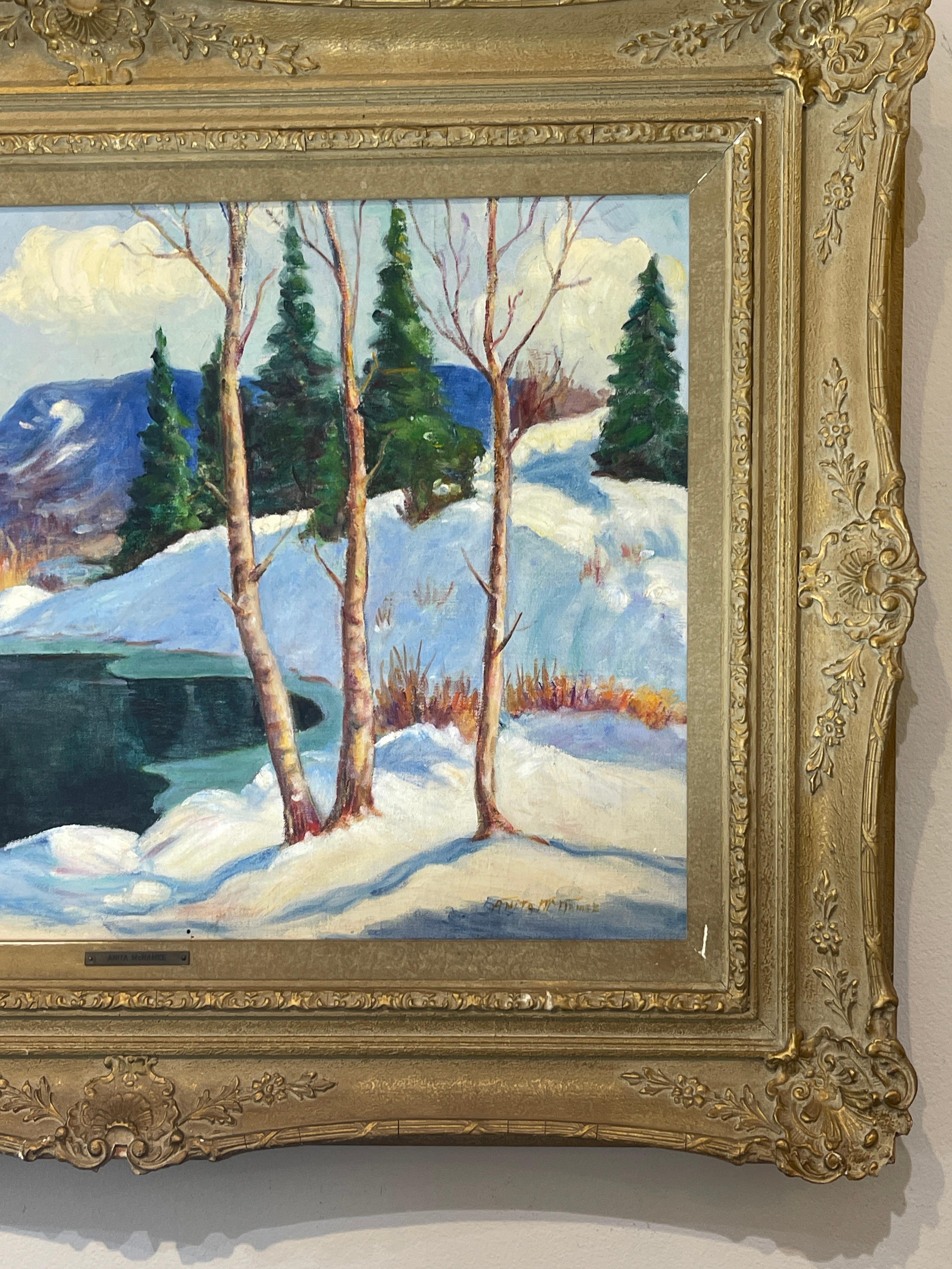 Huile sur toile encadrée  Paysage de neige d'hiver, signé par Anita McNamee en vente 3