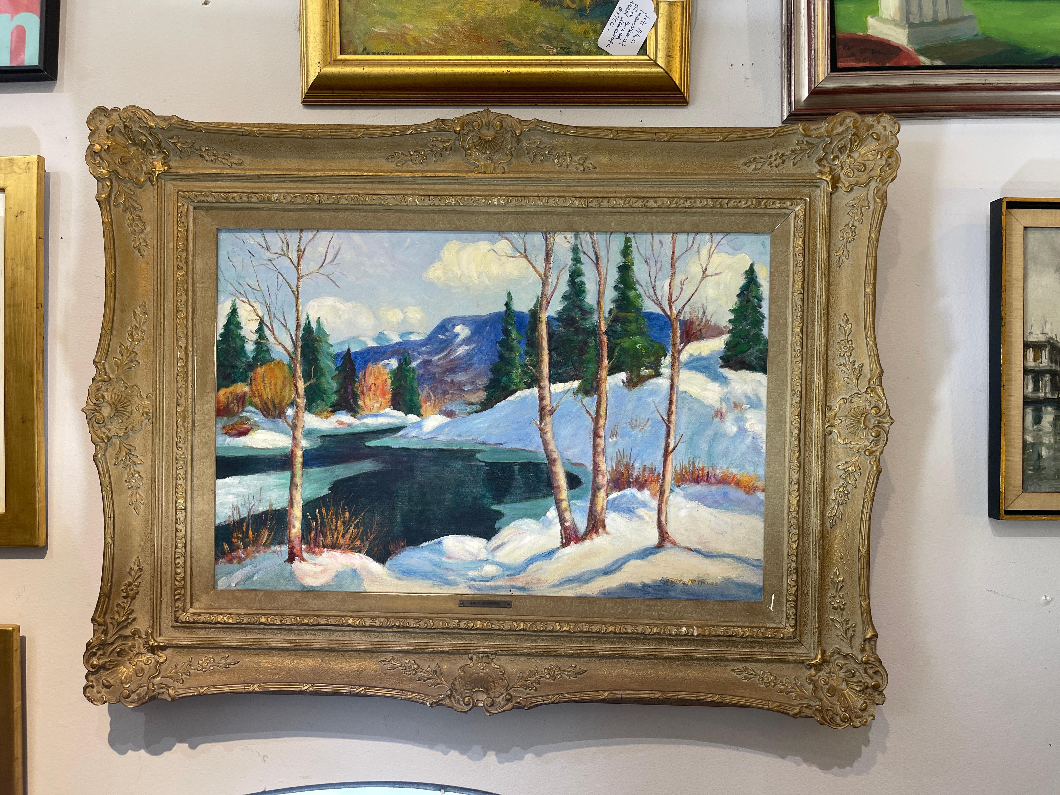 Huile sur toile encadrée  Paysage de neige d'hiver, signé par Anita McNamee en vente 4