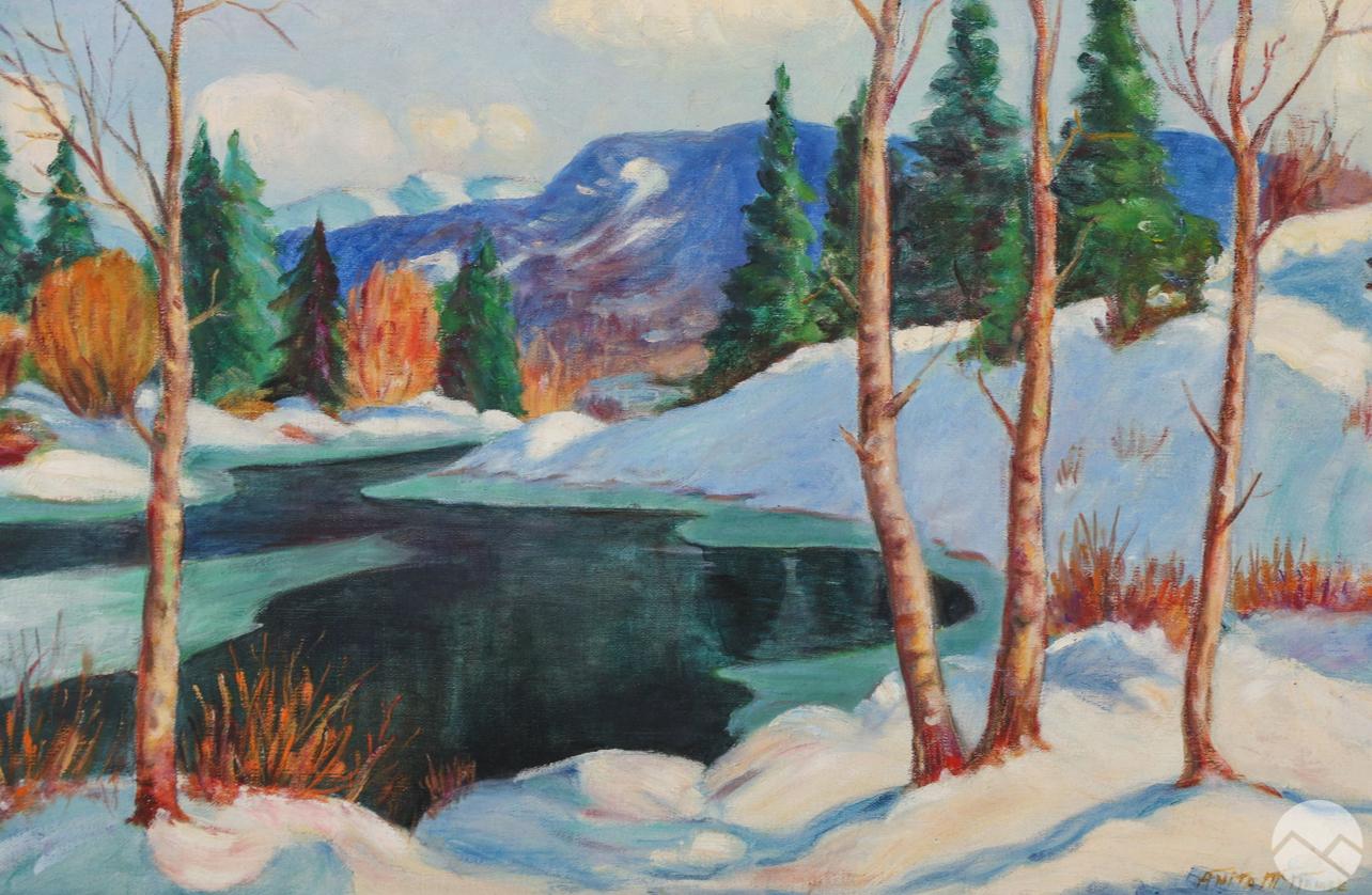 Huile sur toile encadrée  Paysage de neige d'hiver, signé par Anita McNamee en vente 6