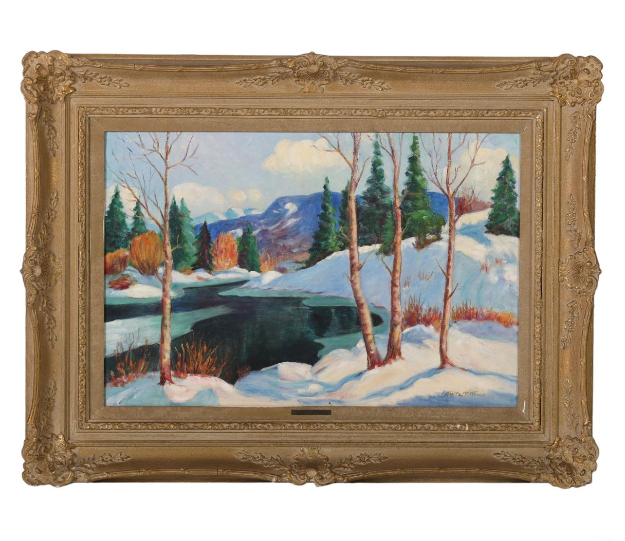 Il s'agit d'une peinture originale, huile sur toile d'Anita McNamee (FL, Circa mid 20th century).
Il s'agit d'un paysage de neige hivernale post impressionniste avec son cadre d'origine.
Signé,
Une plaque en laiton au départ avec le nom de
