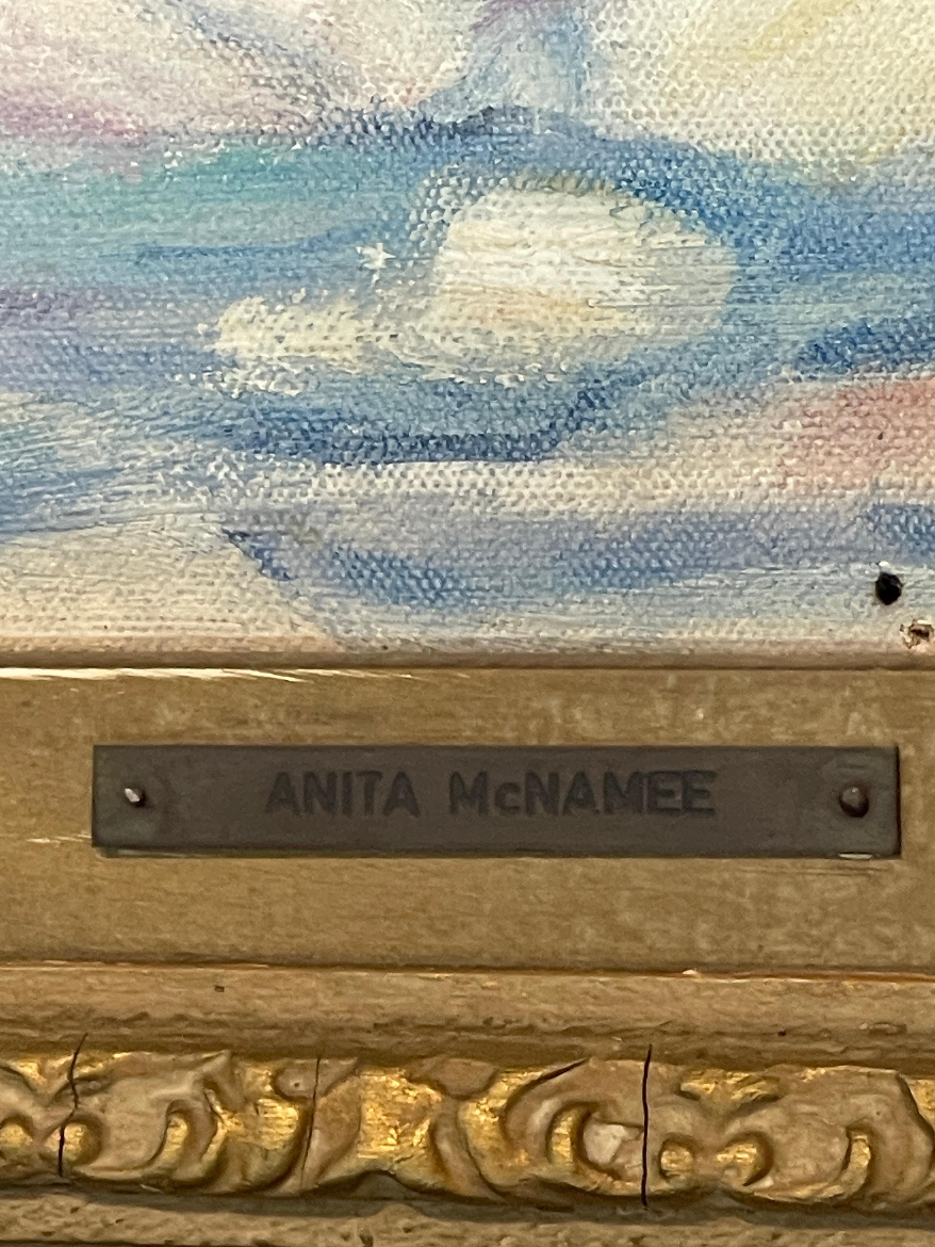 Prairie School Huile sur toile encadrée  Paysage de neige d'hiver, signé par Anita McNamee en vente