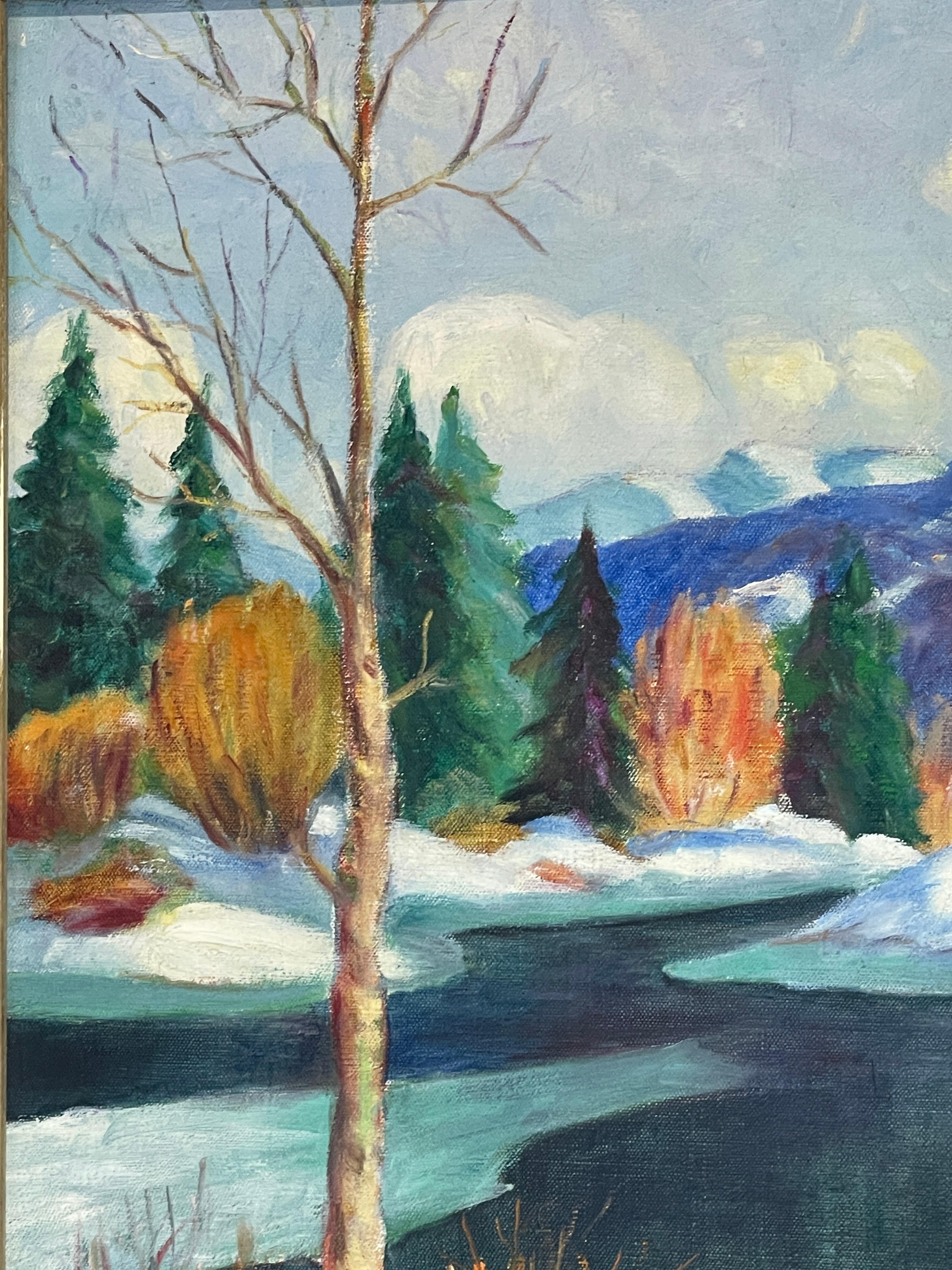 Américain Huile sur toile encadrée  Paysage de neige d'hiver, signé par Anita McNamee en vente