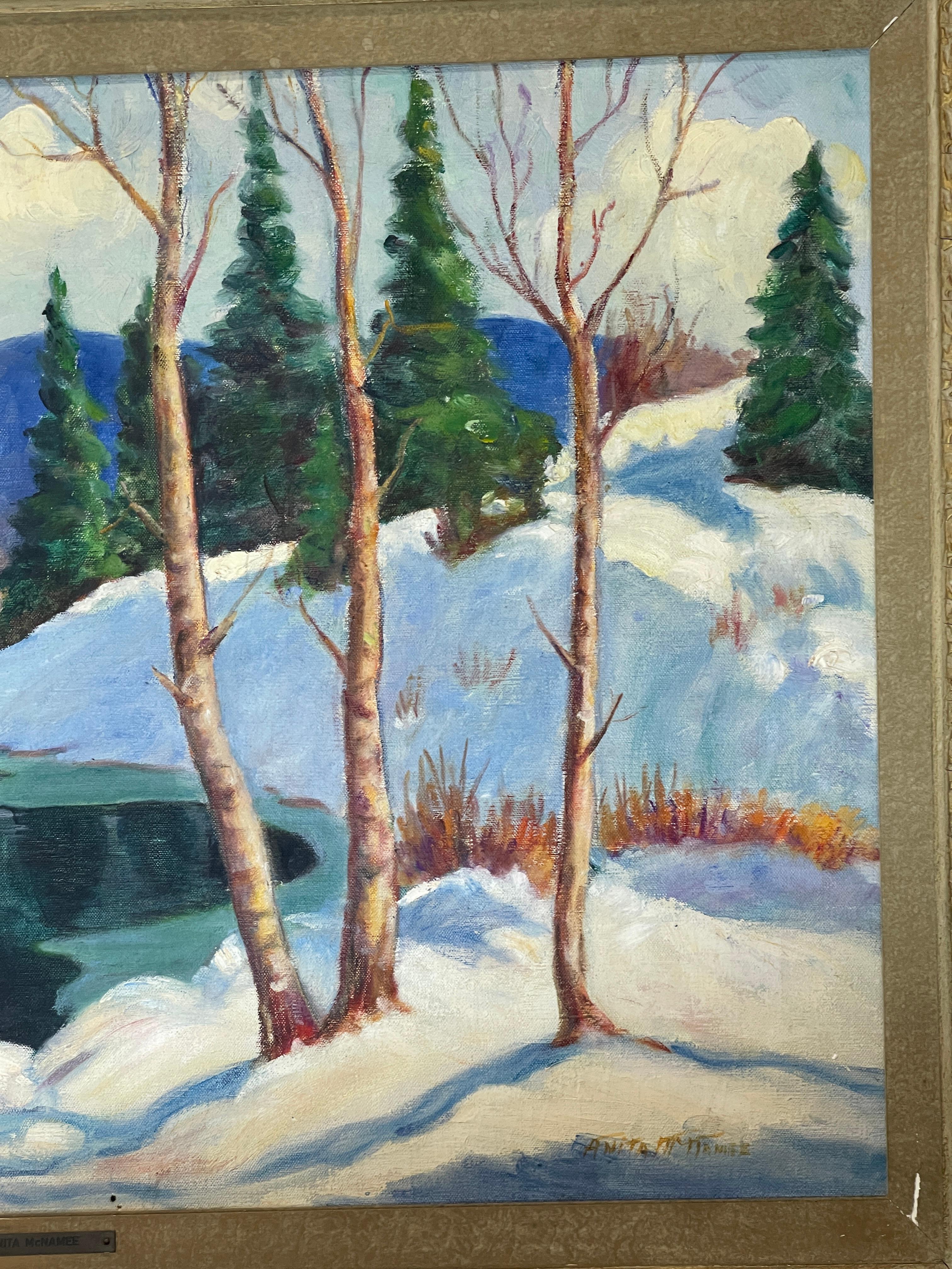 Fait main Huile sur toile encadrée  Paysage de neige d'hiver, signé par Anita McNamee en vente