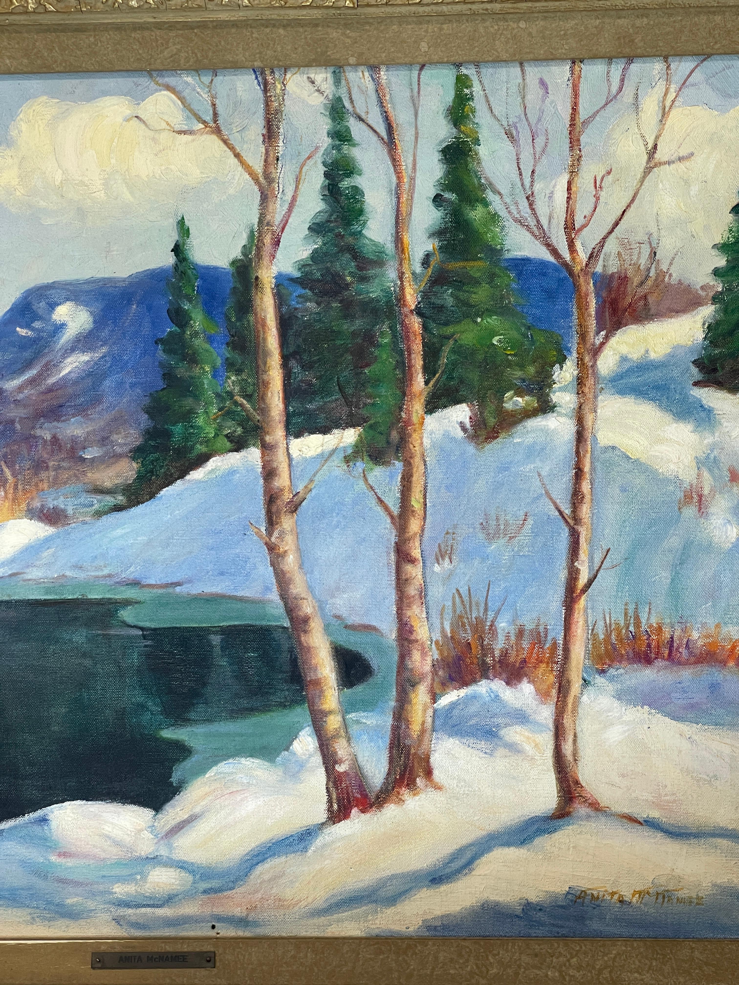Huile sur toile encadrée  Paysage de neige d'hiver, signé par Anita McNamee Bon état - En vente à West Palm Beach, FL