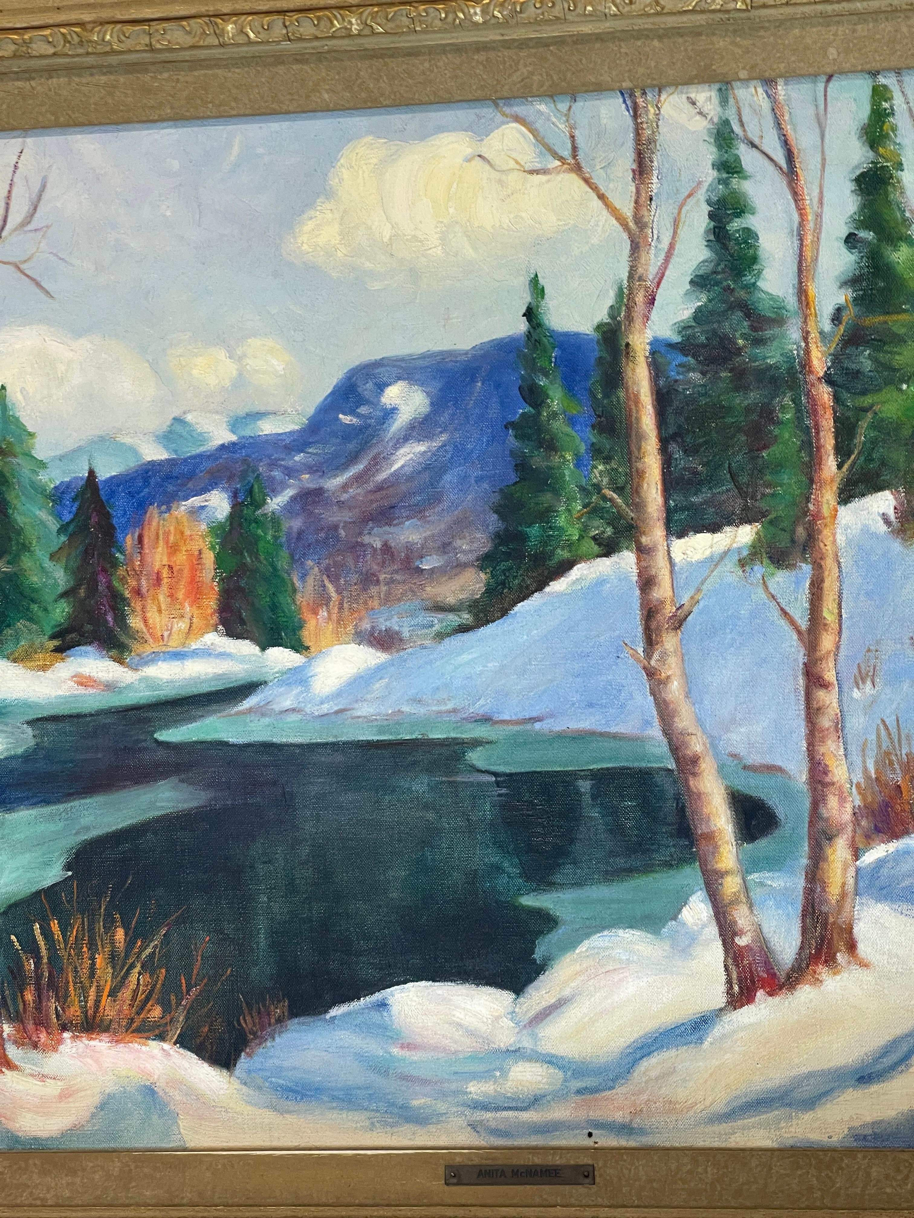 20ième siècle Huile sur toile encadrée  Paysage de neige d'hiver, signé par Anita McNamee en vente
