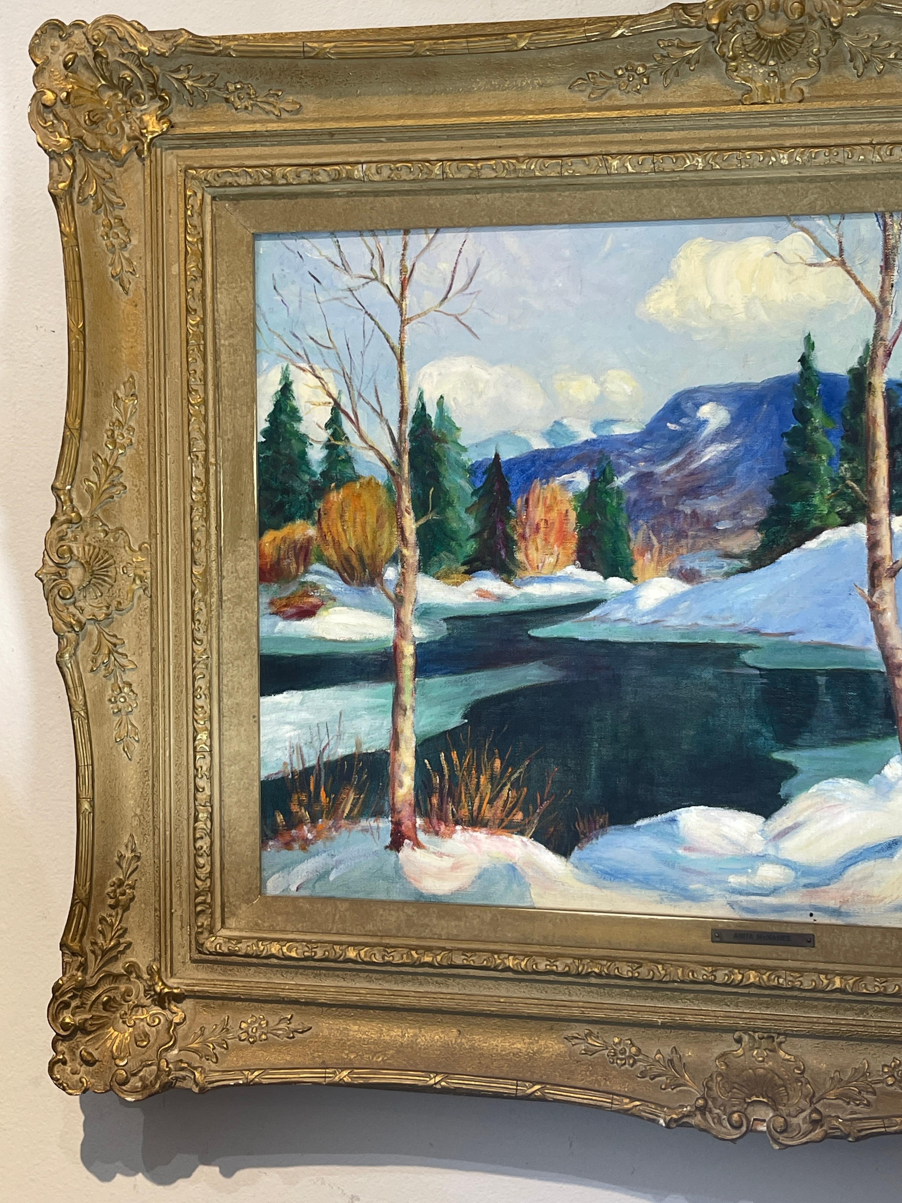 Toile Huile sur toile encadrée  Paysage de neige d'hiver, signé par Anita McNamee en vente
