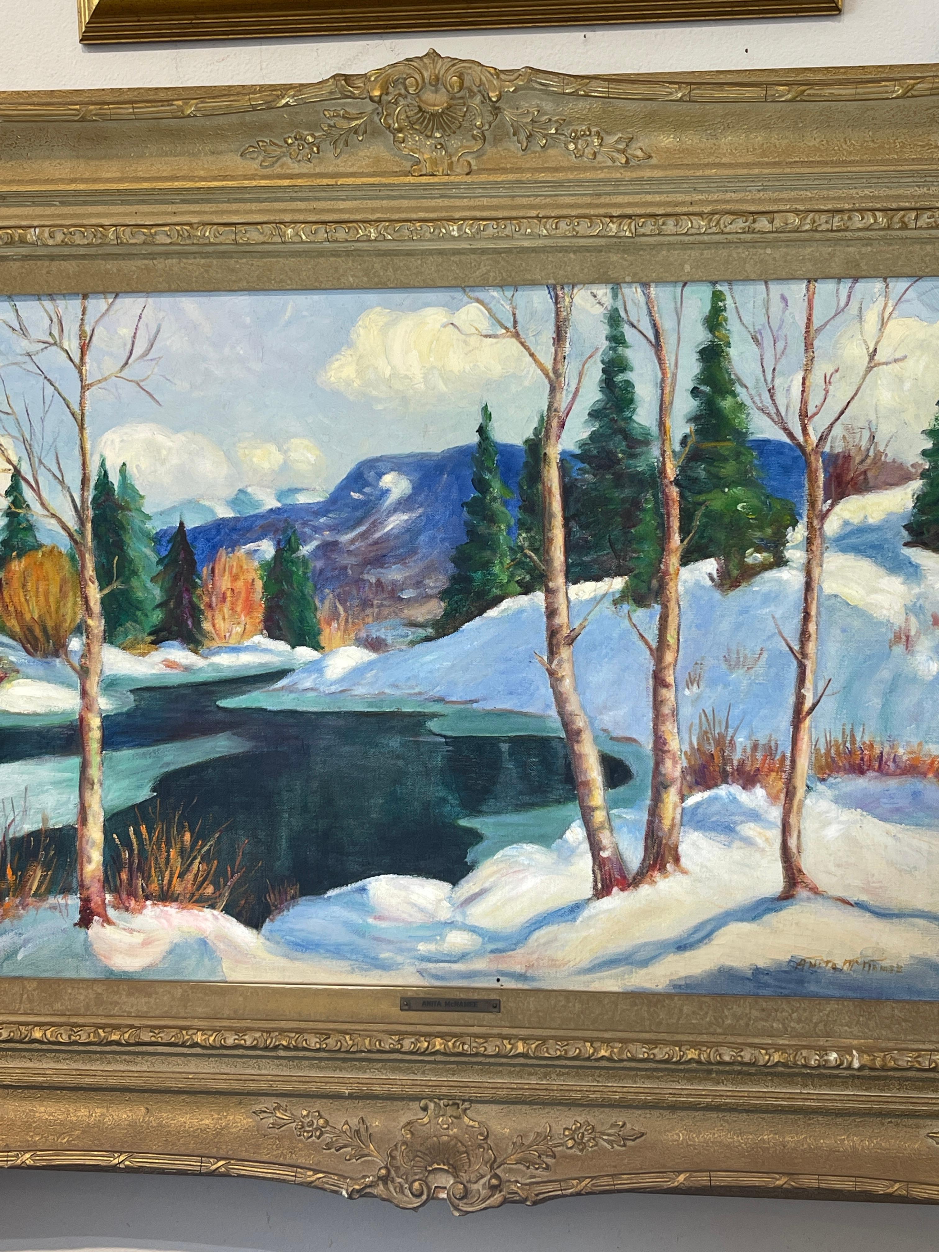 Huile sur toile encadrée  Paysage de neige d'hiver, signé par Anita McNamee en vente 1