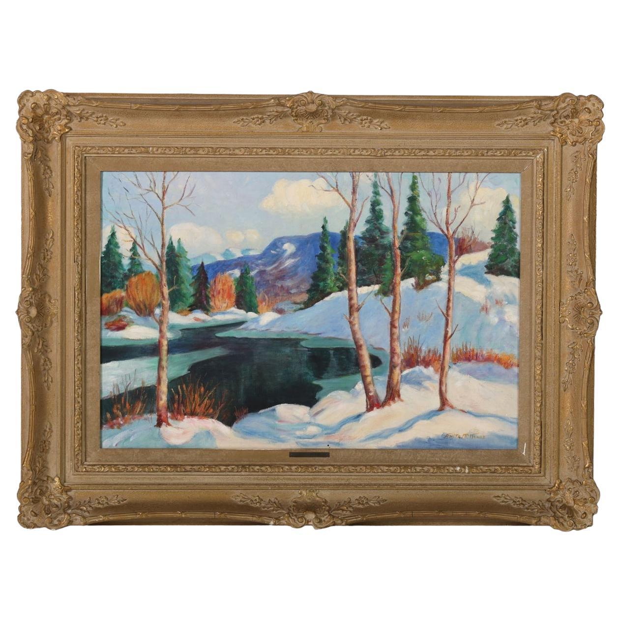Olio su tela con cornice  Paesaggio di neve invernale, firmato da Anita McNamee