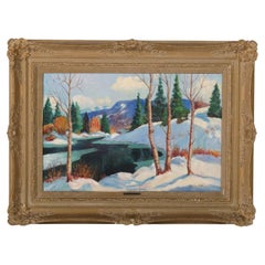 Olio su tela con cornice  Paesaggio di neve invernale, firmato da Anita McNamee