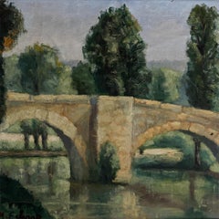 Oil on Canvas French Post-Impressionist Landscape – The Old Stone Bridge, C 1950